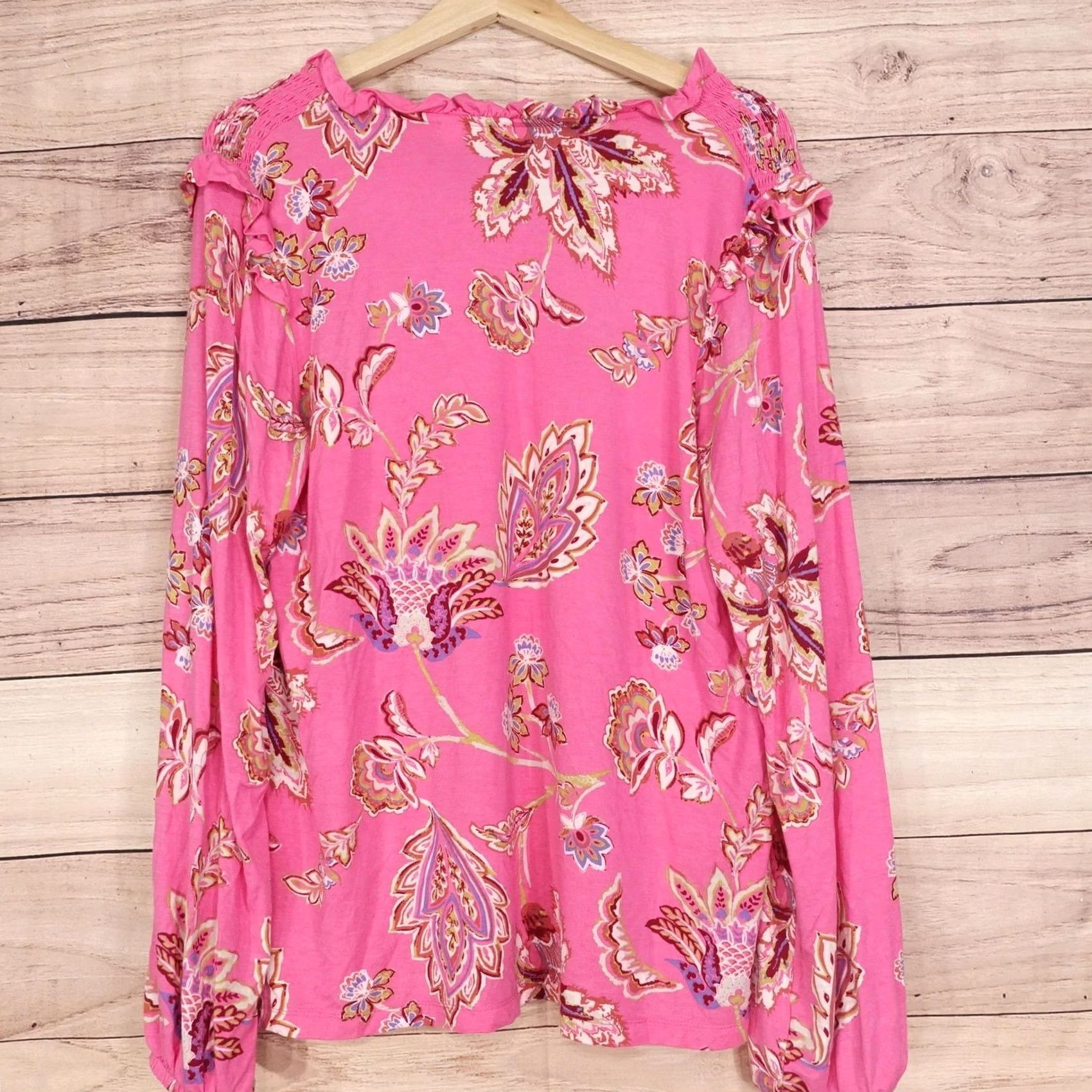 Vintage Belle by Kim Gravel Blouse Womens M Pink Floral V-Neck Balloon Sleeve Tunic Size M / US 6-8 / IT 42-44 - 3 Thumbnail