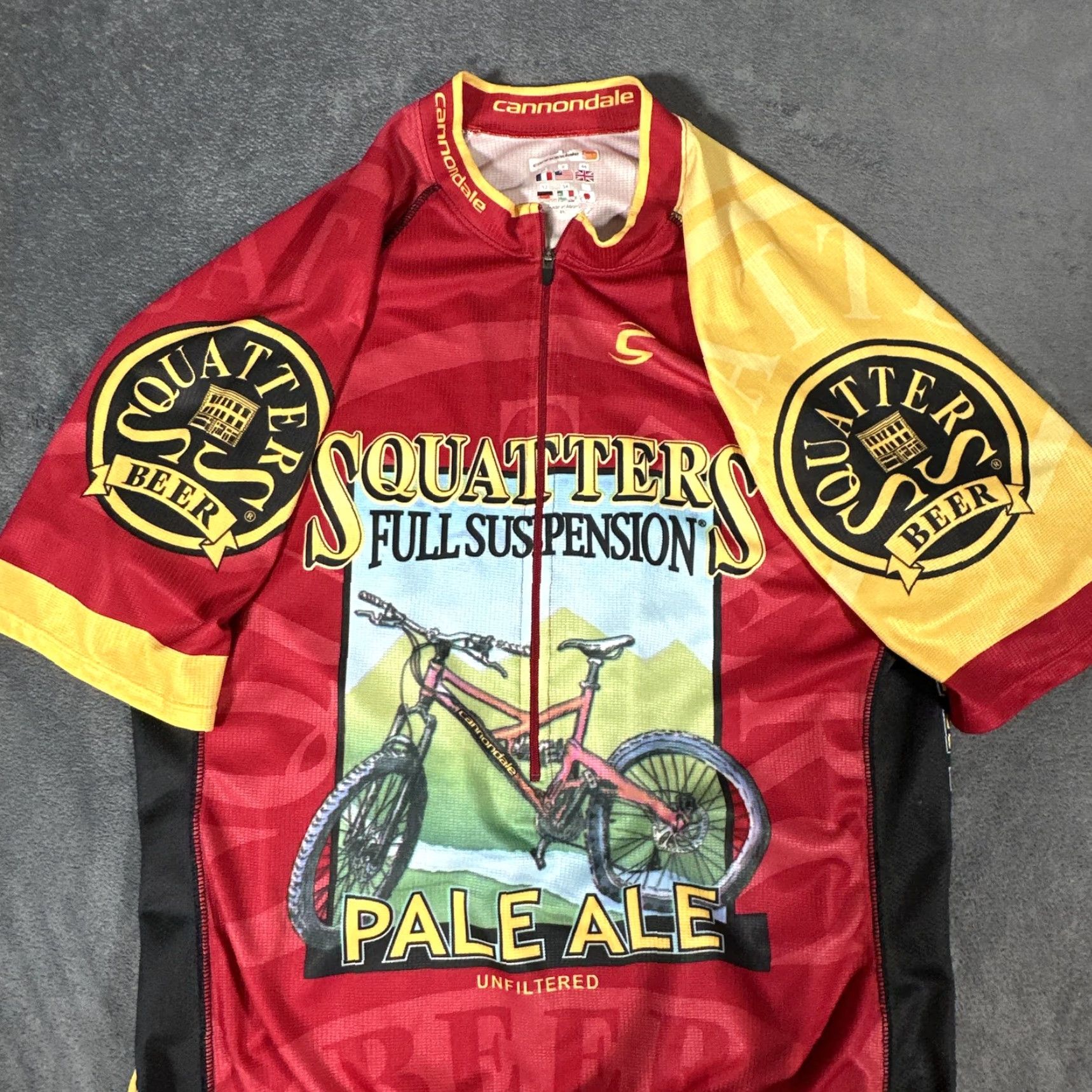 Vintage Cannondale Mens Cycling Jersey Red Medium Short Sleeve Zip High Neck Raglan Breathable Moisture Wicking Quick Dry Graphic Beer Squatters Pale Ale Bike Size US M / EU 48-50 / 2 - 6 Thumbnail