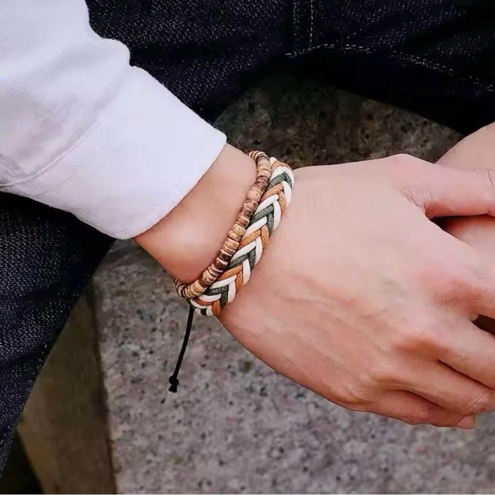 Other 2Pcs Mens Weave Bracelet Set Natural Wood Rope Braclet Size ONE SIZE - 2 Thumbnail