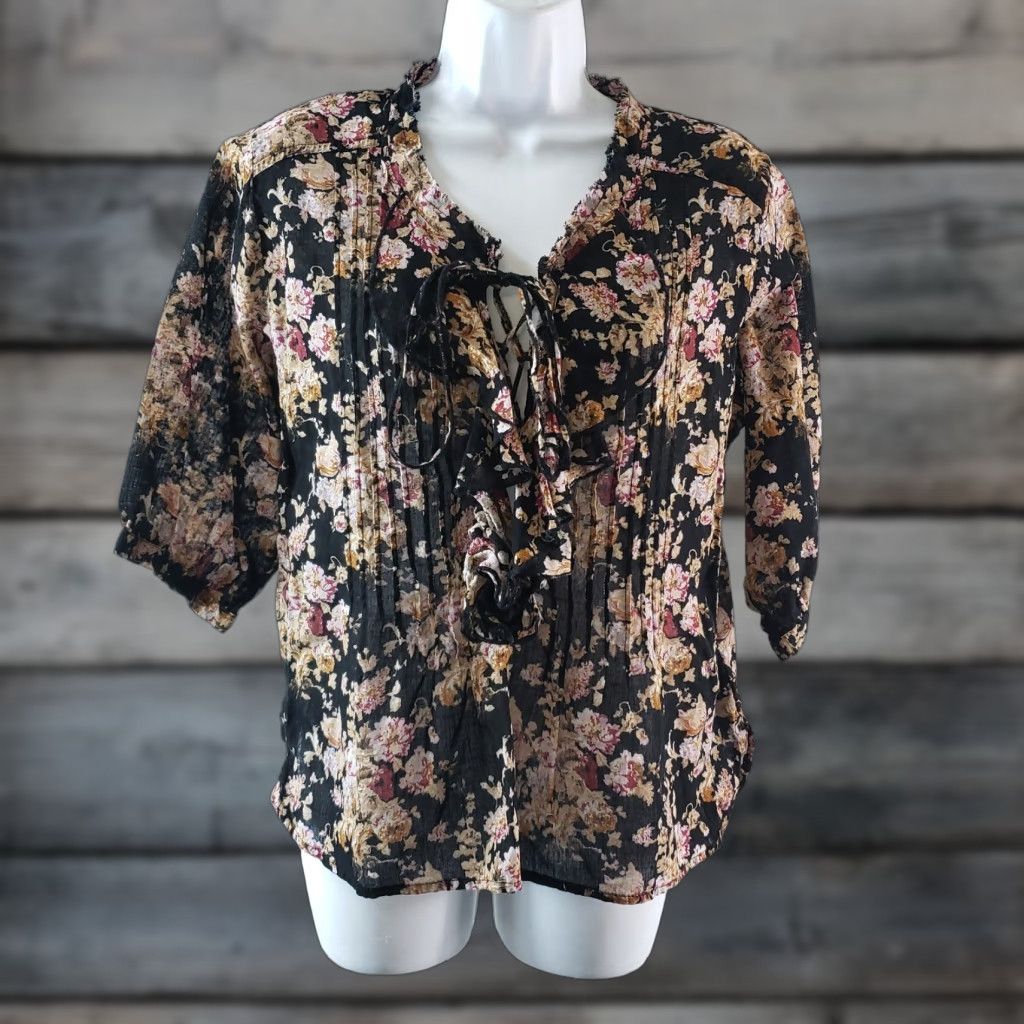 Vintage Denim & Supply Ralph Lauren Womens Blouse XS Black Floral Ruffle Semi Sheer Size XS / US 0-2 / IT 36-38 - 1 Thumbnail