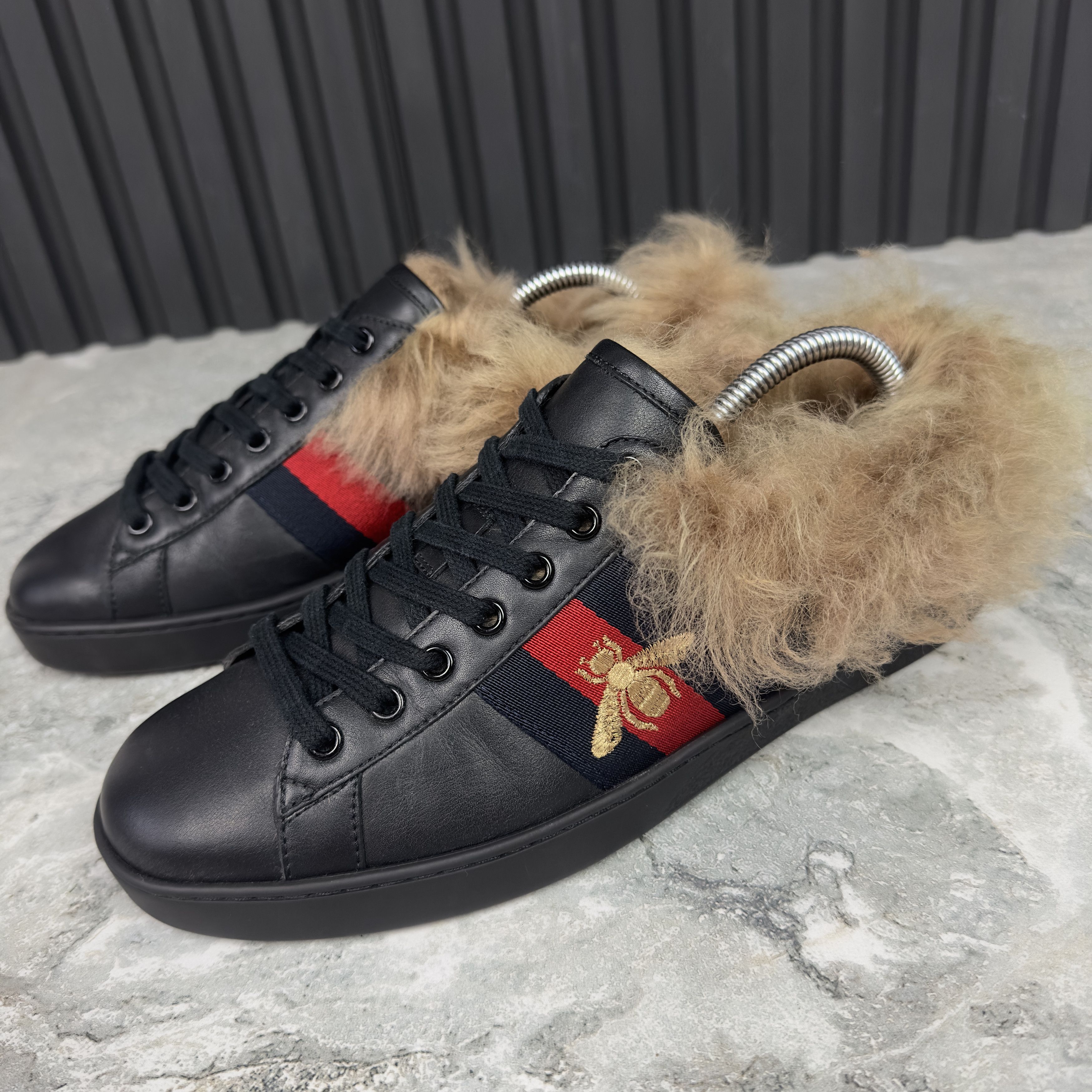 GUCCI Ace Web Sneaker Bee Embroidered Fur Leather