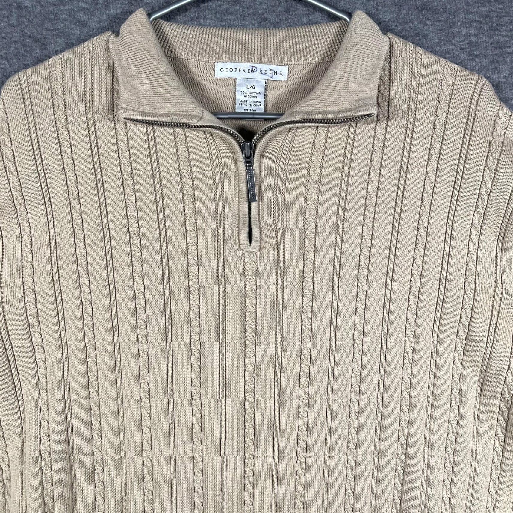 Geoffrey Beene Geoffrey Beene Sweater Mens Large Beige Cotton Cable-Knit Quarter Zip Pullover Size US L / EU 52-54 / 3 - 2 Thumbnail