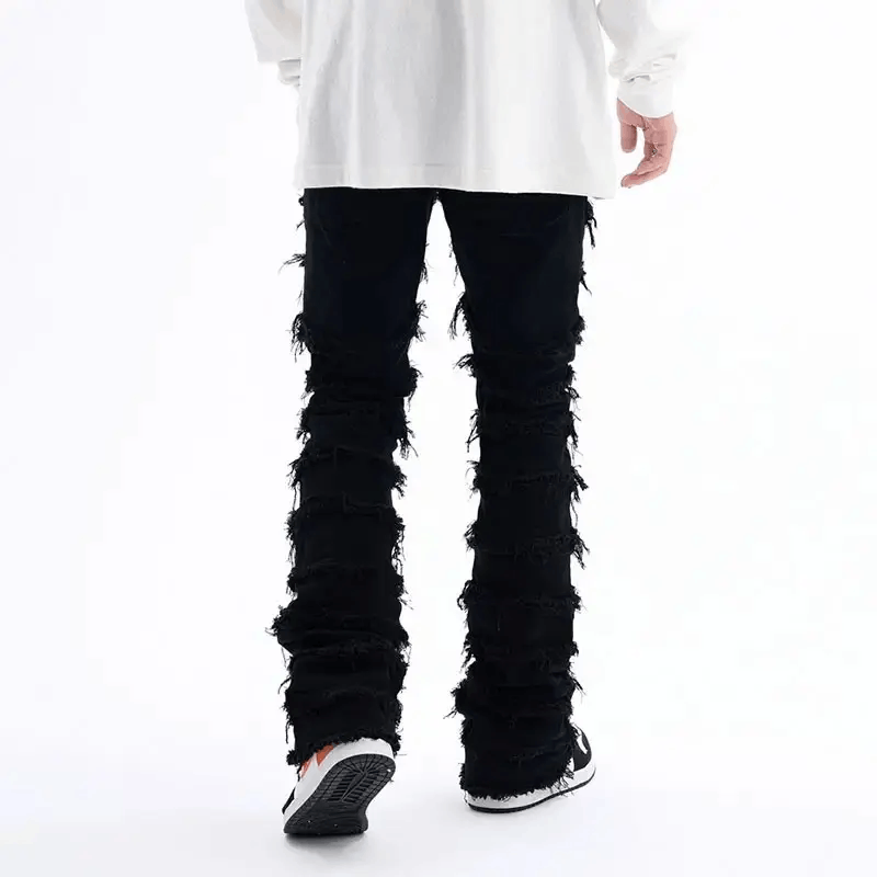 Jean × Vintage Black Striped Tassel Frayed Straight Baggy Jeans Pants Size US 32 / EU 48 - 2 Thumbnail
