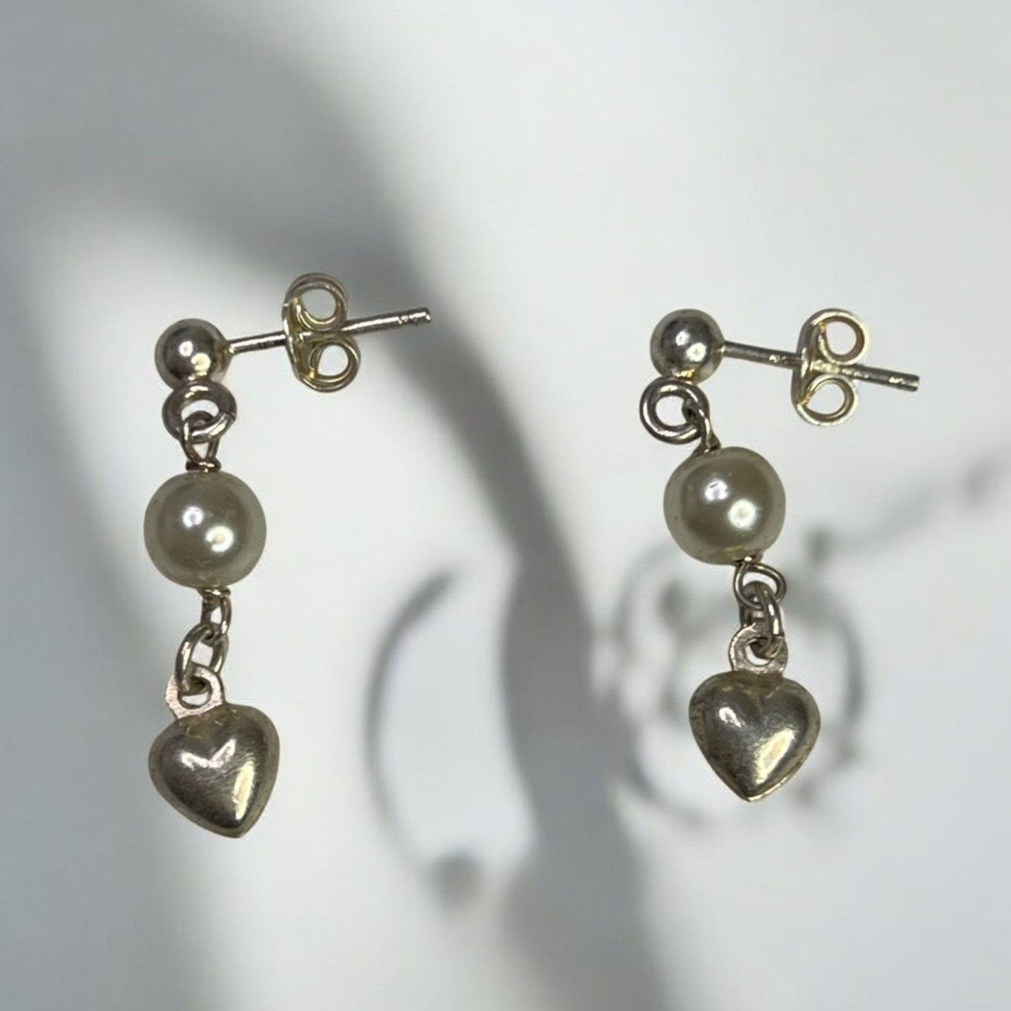 Designer Sterling Silver Drop Earrings With Heart Charms & Faux Pearl Size ONE SIZE - 1 Thumbnail