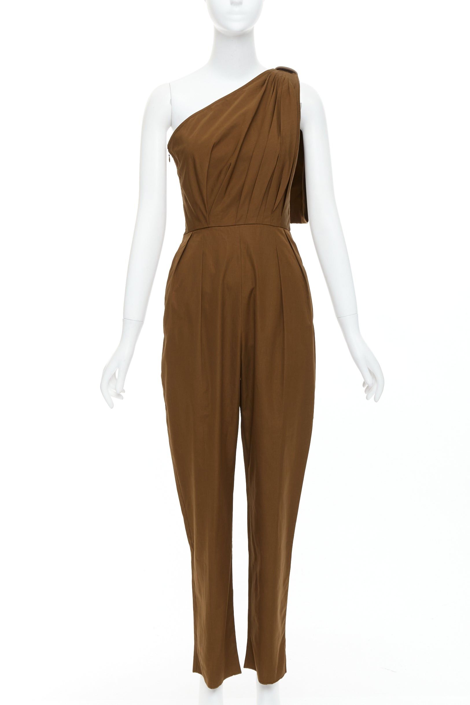 Max Mara MAX MARA Avola brown cotton poplin one shoulder leather trim jumpsuit IT36 XXS Size XS / US 0-2 / IT 36-38 - 1 Thumbnail