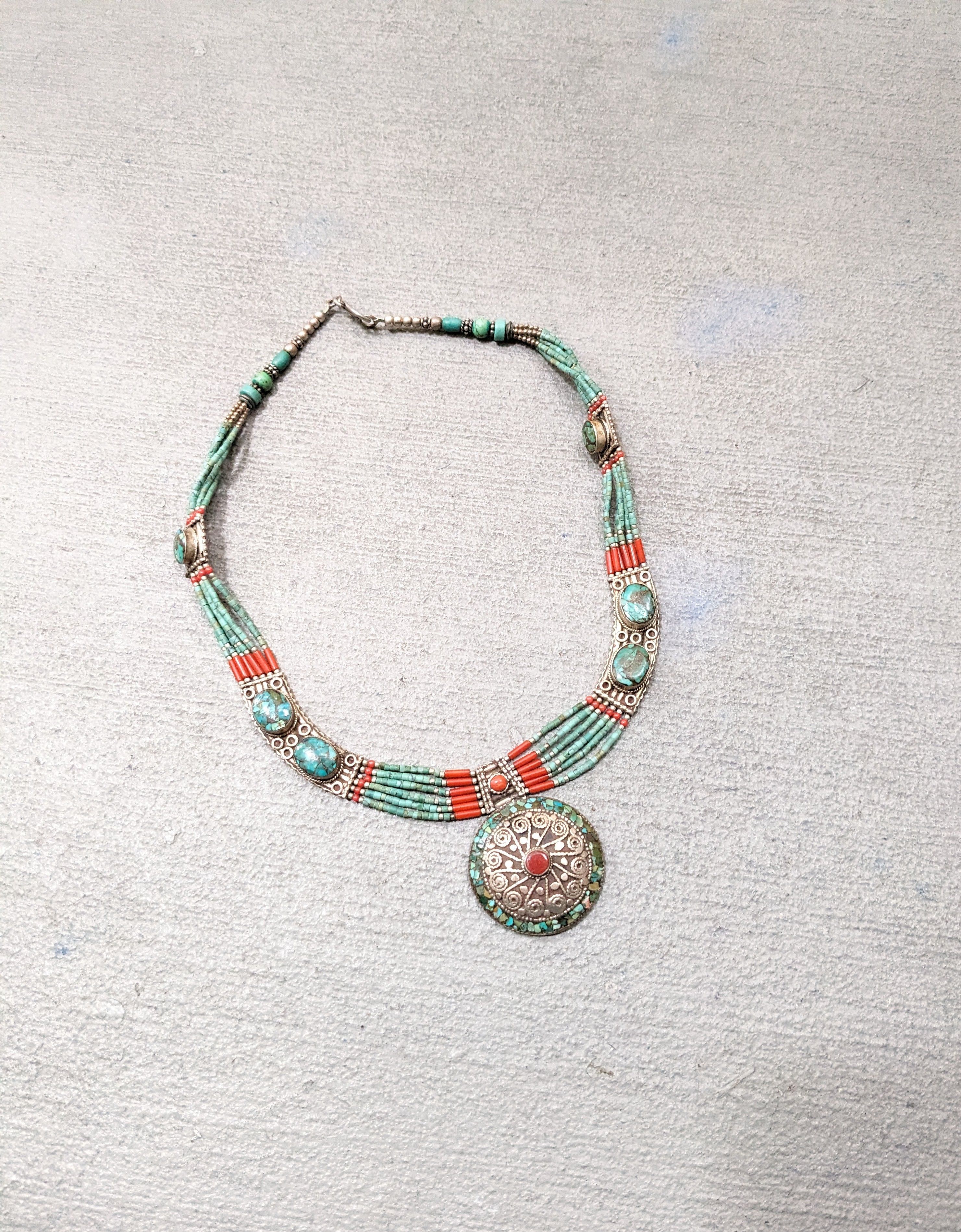 image of Avant Garde x Jewelry Vintage Necklace Turquoise Red Coral 18" Native Tribal in Silver/Red, Women's