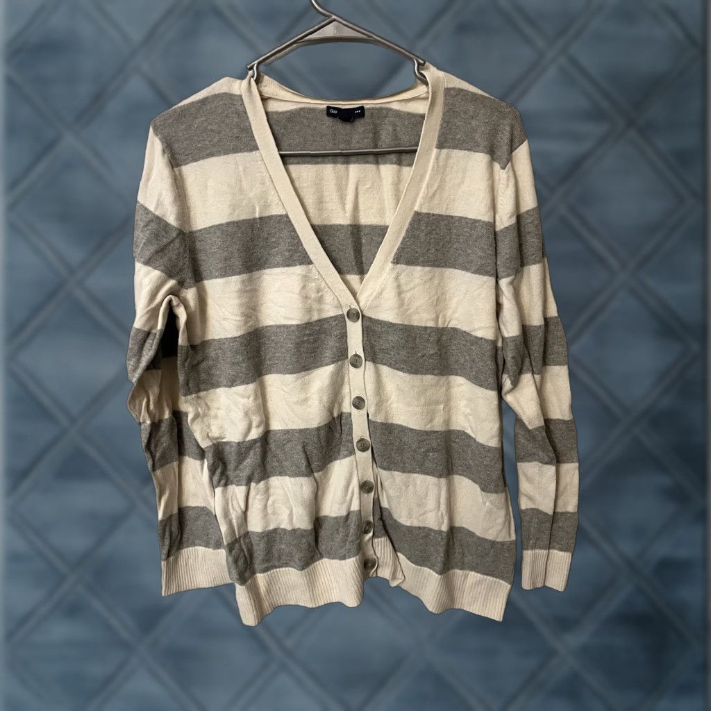 Gap GAP Cardigan Sweater XL Button Down Front Lightweight Knit Long Sleeve Striped Gray Teal womens Best Value Size XL / US 12-14 / IT 48-50 - 1 Thumbnail
