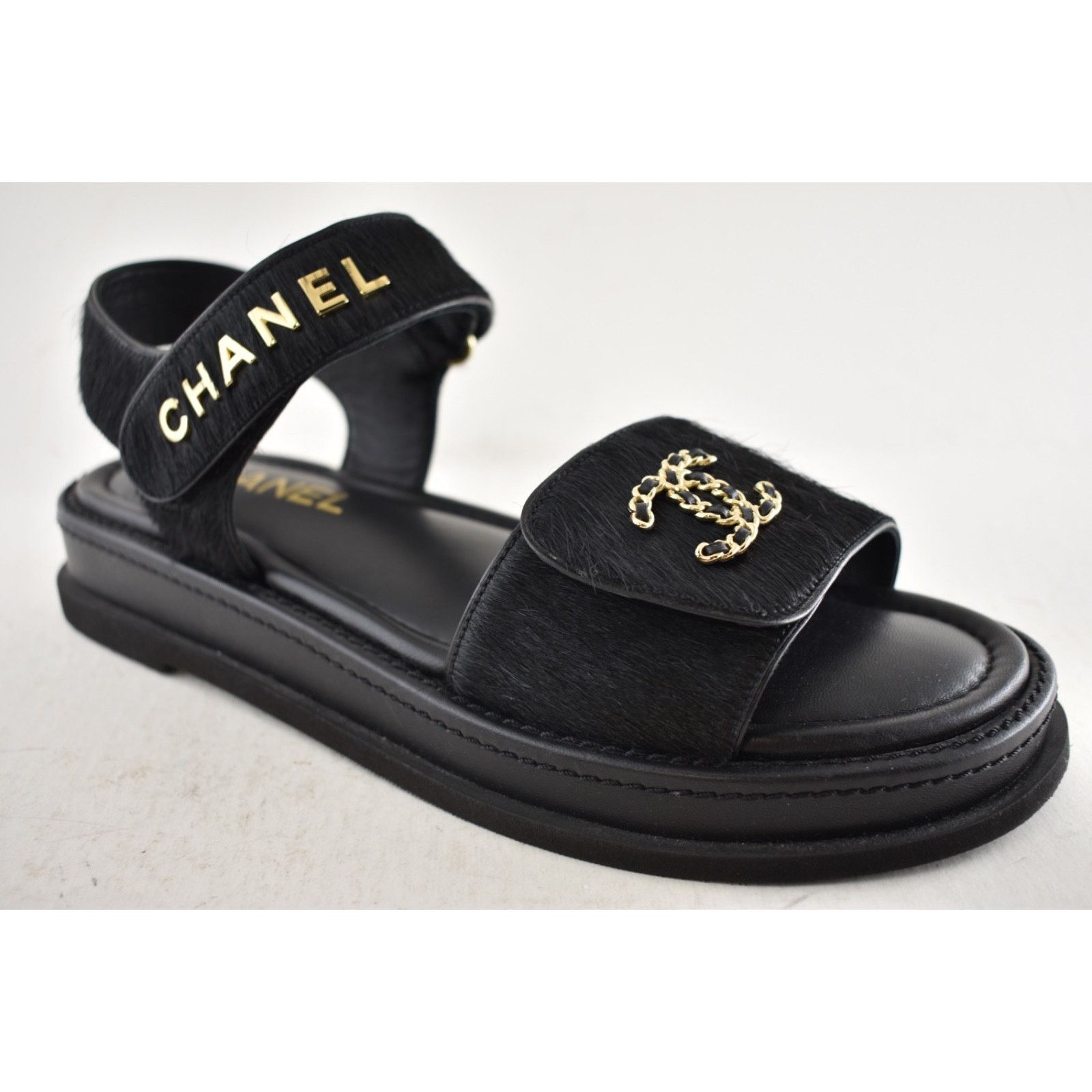 Chanel Chanel 24B Black Calf Hair Gold CC Logo Flat Dad Sandal 36 Size US 5 / IT 35 - 4 Thumbnail
