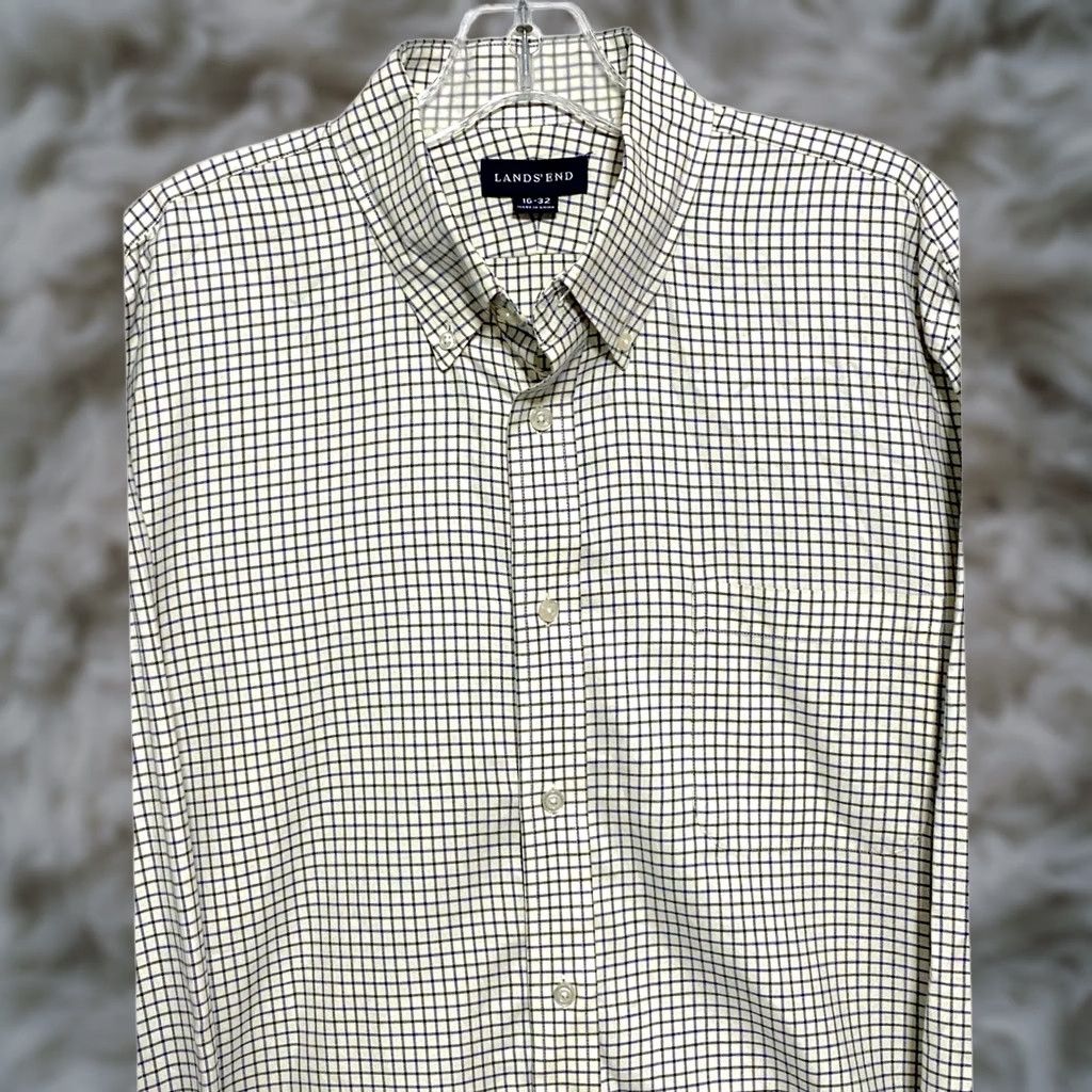 Lands' End Lands' End Dress Shirt Mens 16 Button-Down Check Cream Casual Workwear Preppy Classic Career Shirt Size 42R - 1 Thumbnail