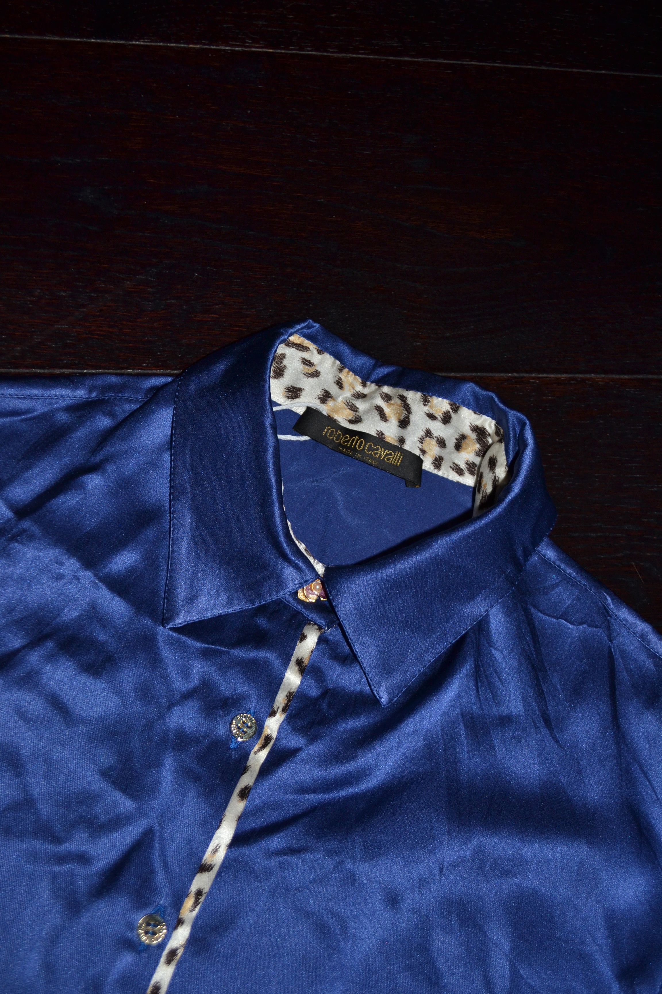 Roberto Cavalli Late 2000s Leopard-Trimmed Silk Shirt Size S / US 4 / IT 40 - 3 Thumbnail