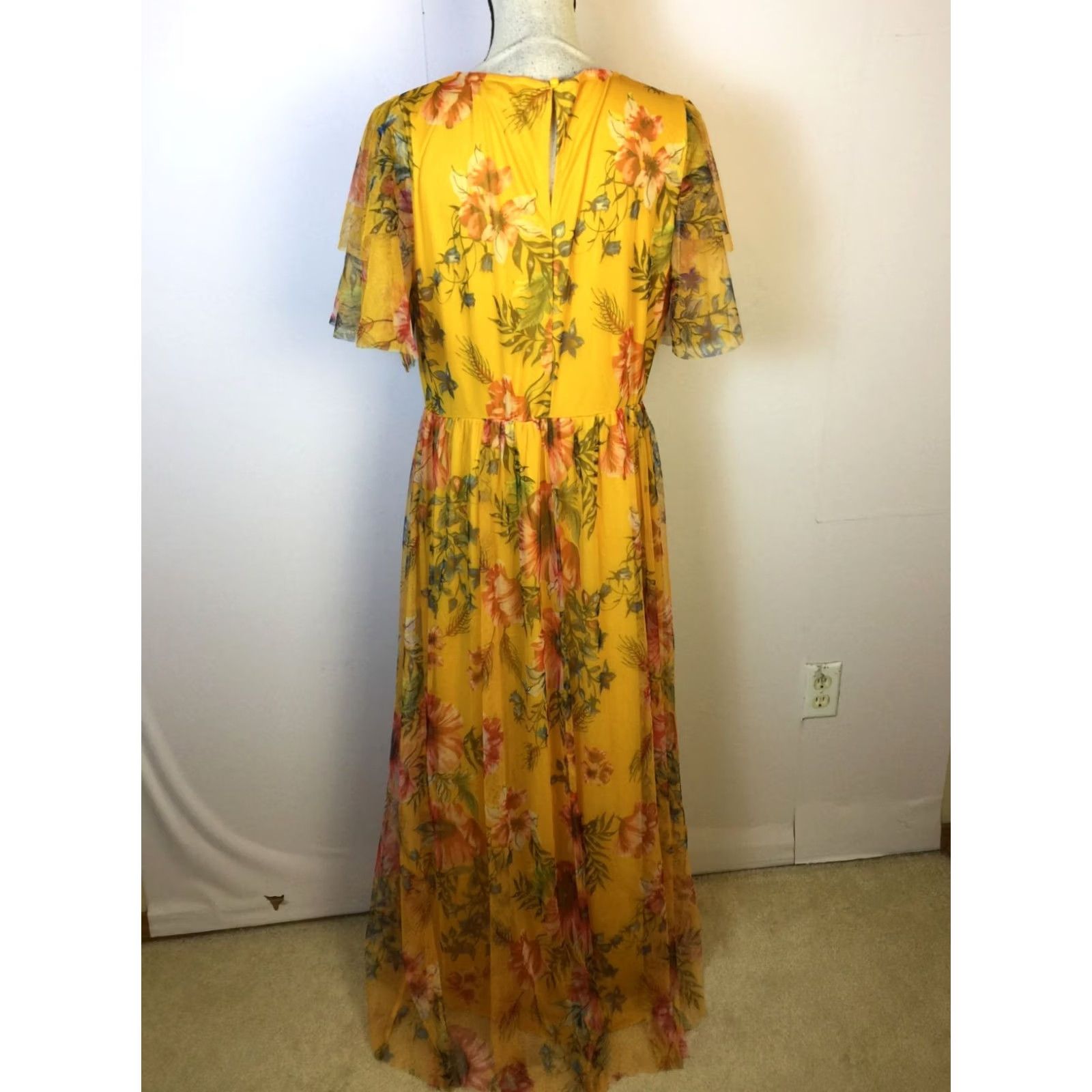 candalite dress gold XL Yellow Floral Maxi V-neck Flutter Sleeve Elastic Waist Womans hip