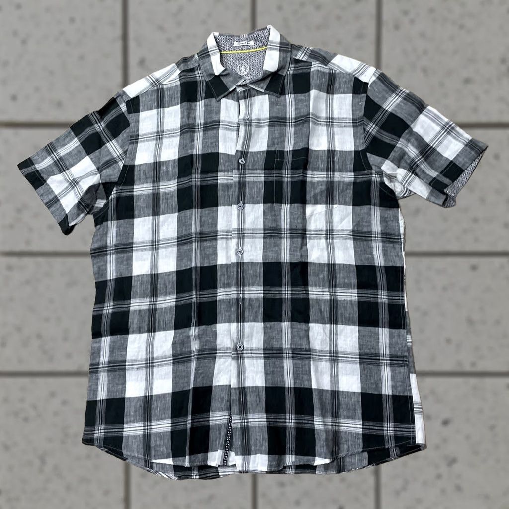 BUGATCHI BUGATCHI UOMO Shaped Fit Linen Shirt Men L Black White Checkered Plaid Collared Shirt Size US L / EU 52-54 / 3 - 1 Thumbnail