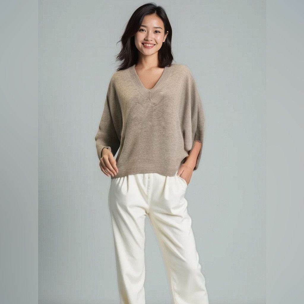 Debut Dreamers by Debut Beige Fuzzy V-Neck Sweater Medium Size M / US 6-8 / IT 42-44 - 2 Thumbnail