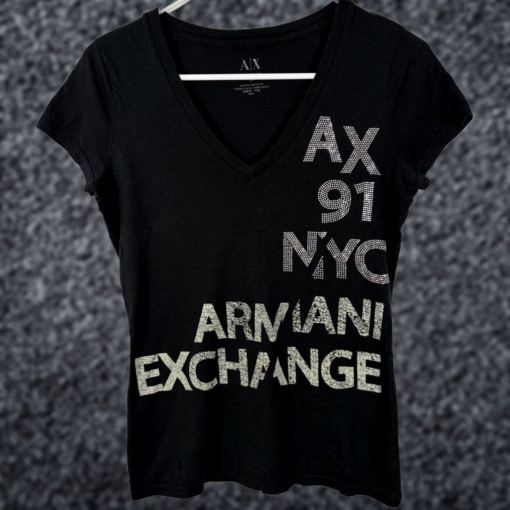 Vintage? No. Armani Exchange Ax 91 NYC V Neck Cap Sleeve T Shirt Womens Medium Black Distress, Women's