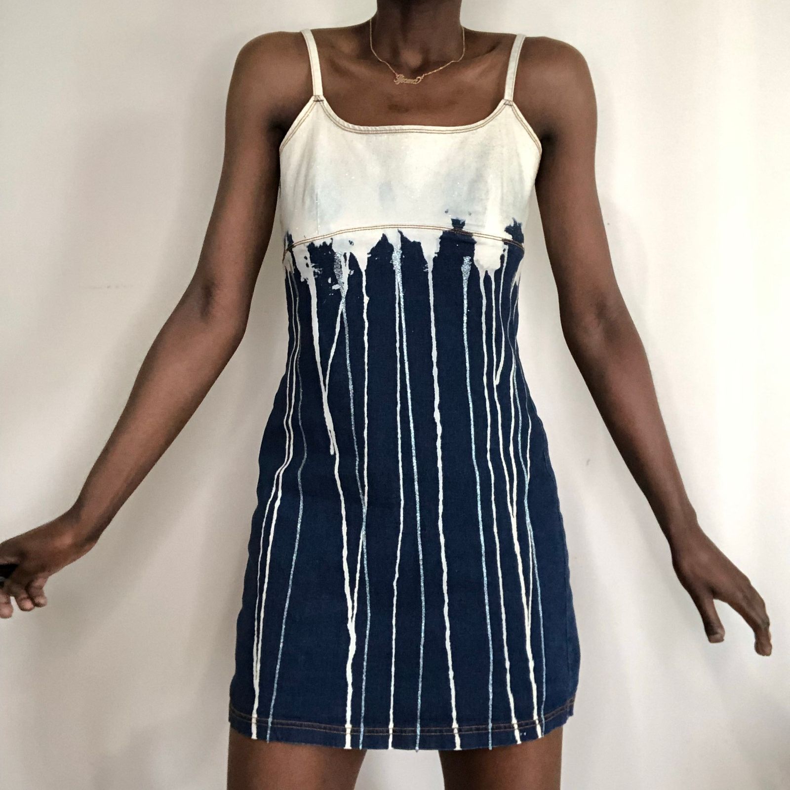 Vintage Vintage Y2K Aqua Blues Glitter & Drip Denim Slip Dress Size M / US 6-8 / IT 42-44 - 4 Thumbnail