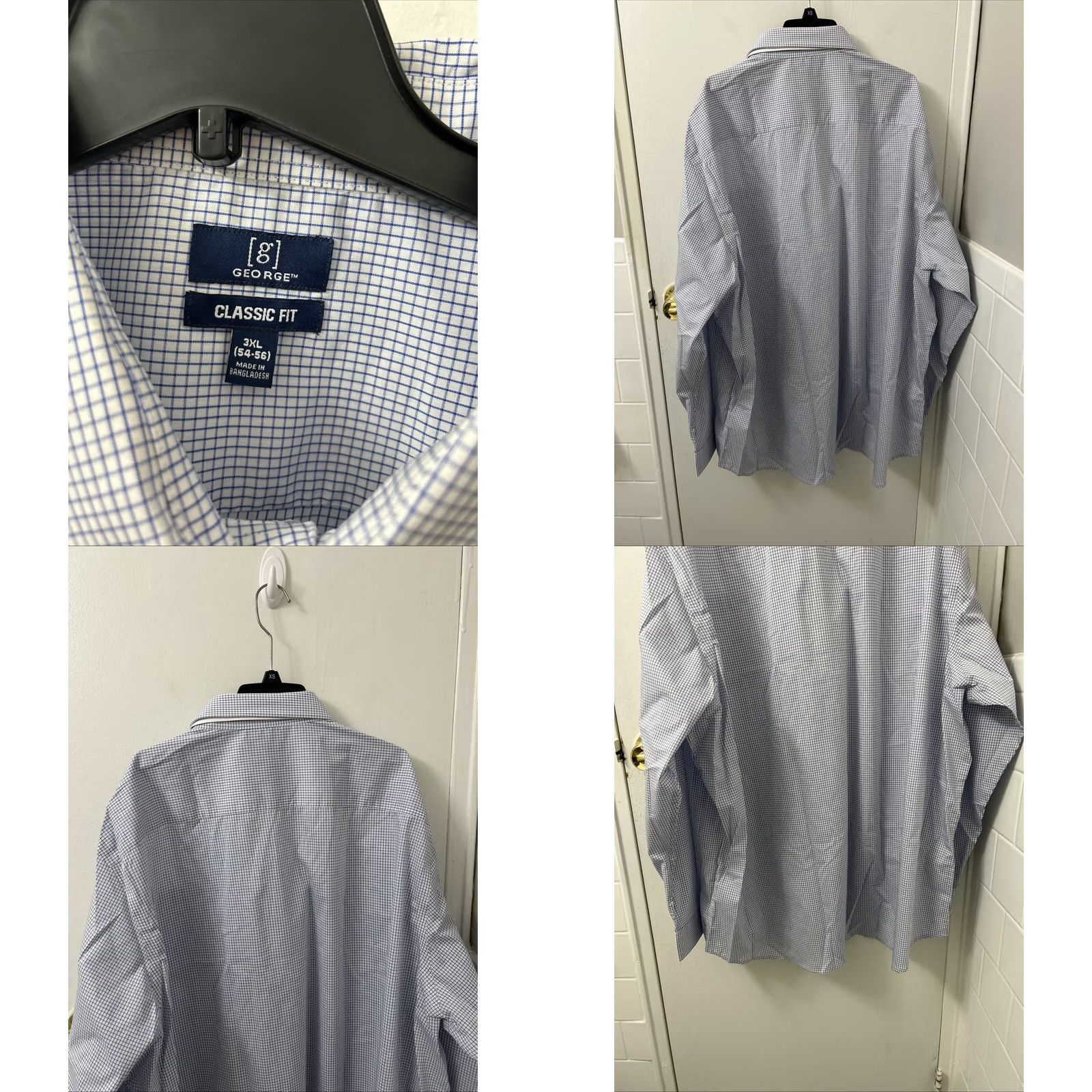 George George Dress Shirt Mens 3XL 54-56 White Blue Classic Fit Gingham Button Up L/S Size 48R - 8 Thumbnail