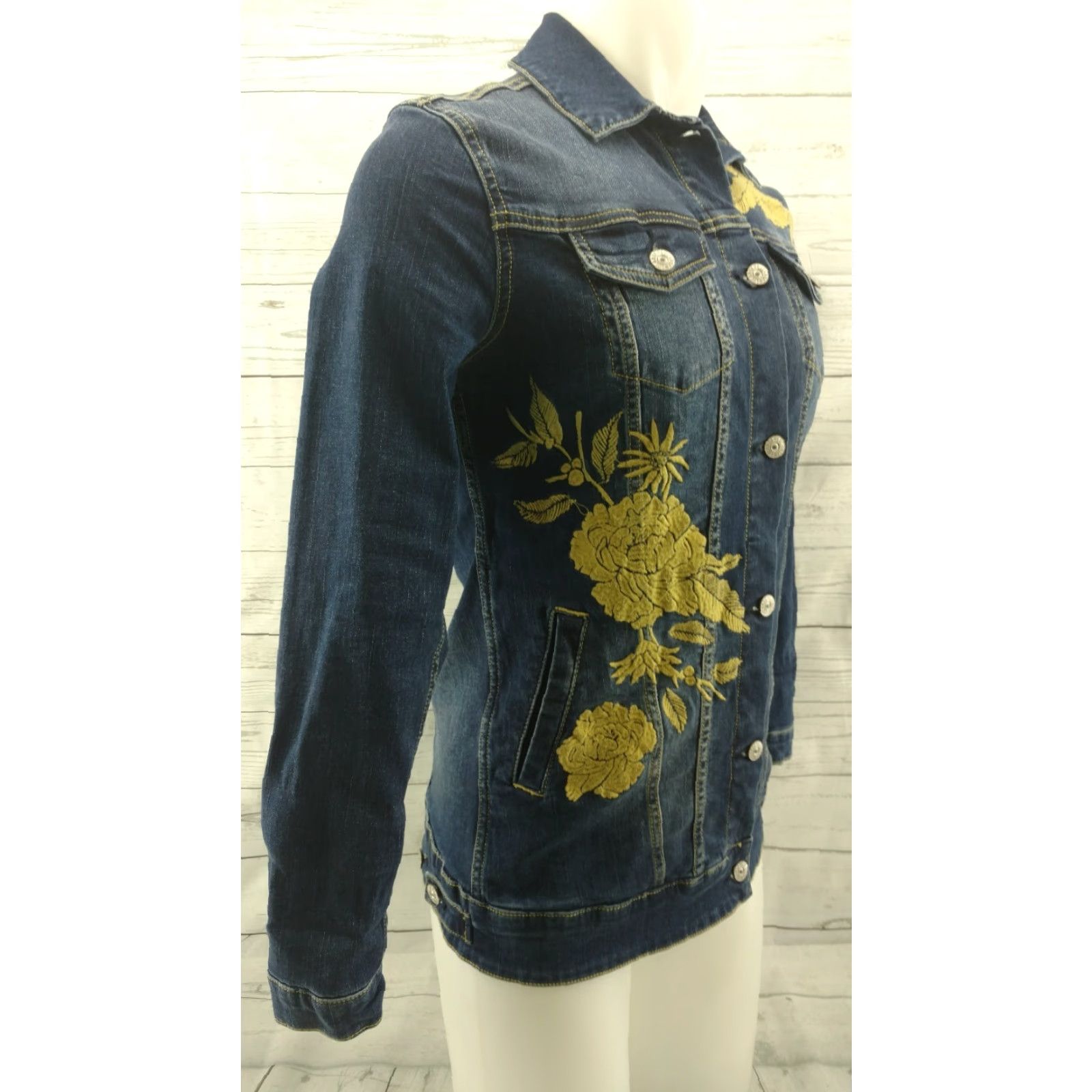 Vintage Lularoe SMALL Blue Denim Jean Jacket Embroidered Yellow Floral Denim Women Jacket XXS? Size 28" / US 6 / IT 42 - 3 Thumbnail