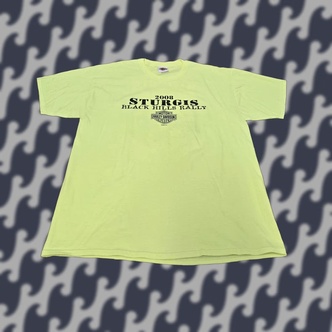 Harley Davidson VINTAGE Harley-Davidson Shirt Mens XL T-Shirt 2008 Sturgis Black Hills Rally Neon Yellow Graphic Print Short Sleeve Mens Size US XL / EU 56 / 4 - 1 Thumbnail