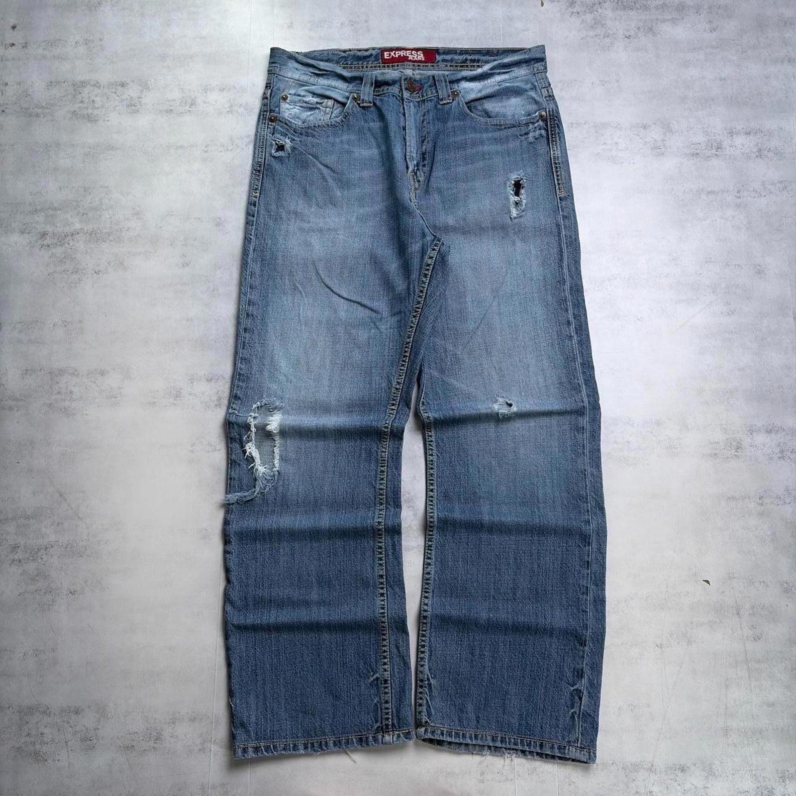 Express Y2K Light Wash Express Grunge Distressed Baggy Denim Jeans Size US 32 / EU 48 - 2 Thumbnail