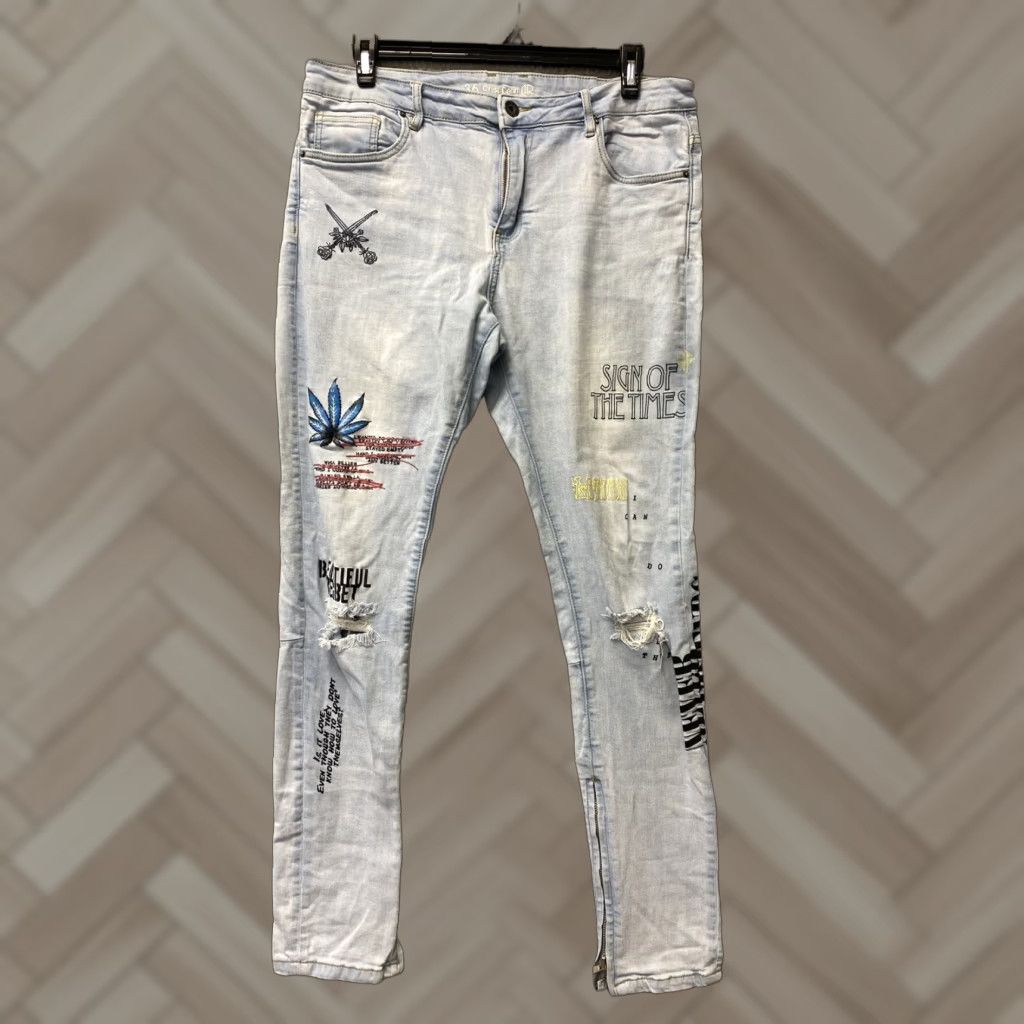 Denime Crysp Denim Jeans Mens 36 Blue washed Skinny Distressed Stretch 36x35 103-62 Size US 36 / EU 52 - 1 Thumbnail