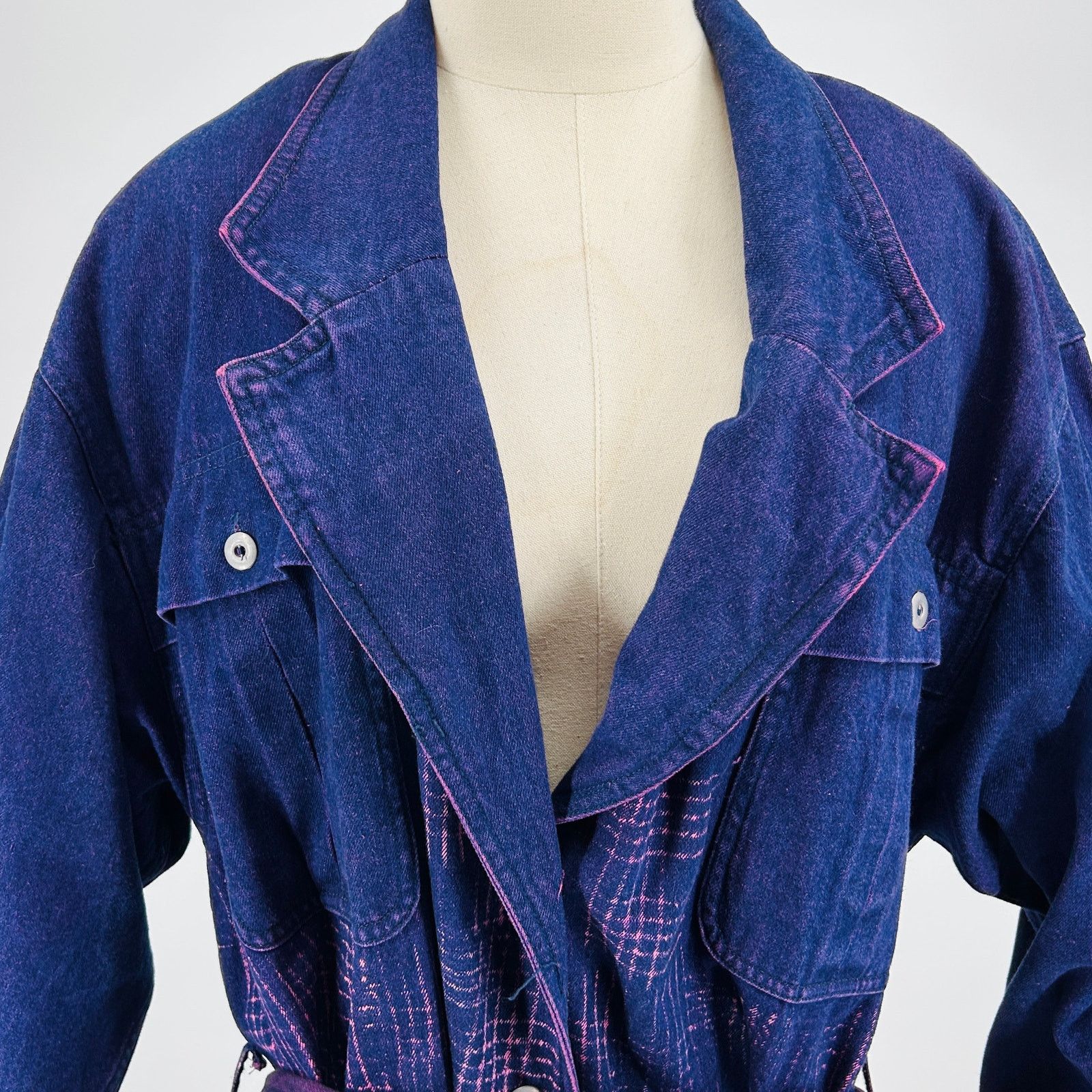 Vintage 80s Cotton Purple Blue Abstract Belted Denim Duster Coat Size M / US 6-8 / IT 42-44 - 2 Thumbnail