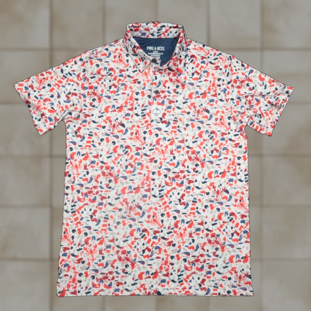 Vintage Pins & Aces Polo Shirt Mens Medium White 40 in Polyester Golf Casual Activewear Short Sleeve Breathable Stretch Size US M / EU 48-50 / 2 - 1 Thumbnail