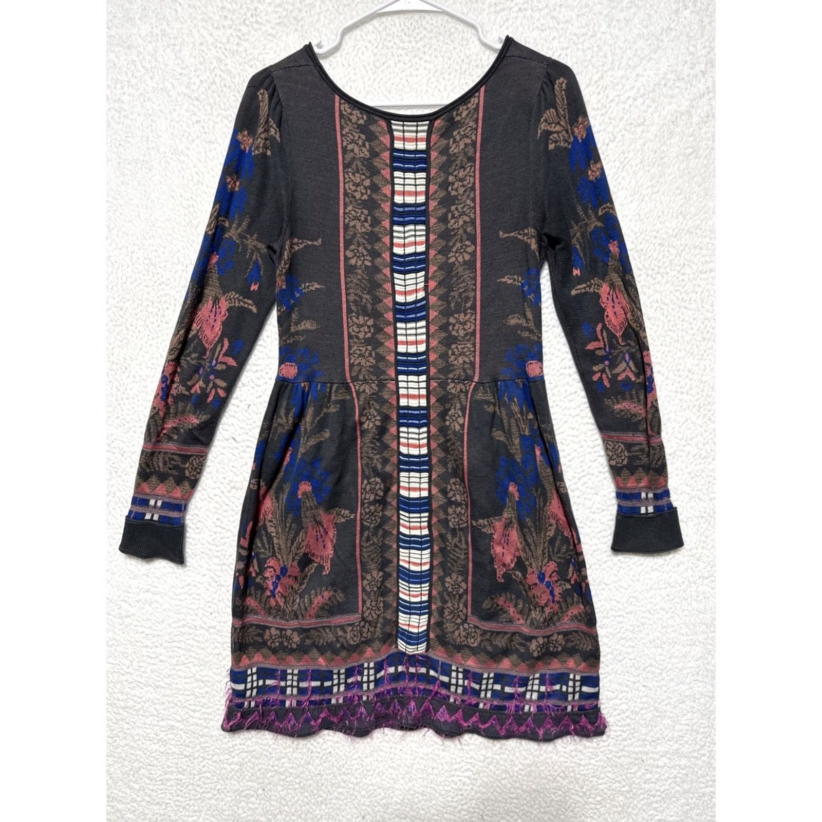 Vintage Knitted & Knotted Sweater Dress, Floral, Short, Gray, Long Sleeve, Pullover, Round Neck, Lined, Bohemian, Women, S Size S / US 4 / IT 40 - 2 Thumbnail