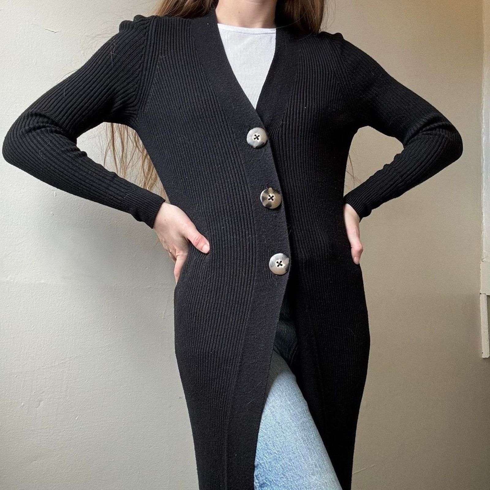 Vintage Rue and Willow Black Ribbed Cardigan Duster XS Preppy Fall Size XS / US 0-2 / IT 36-38 - 1 Thumbnail
