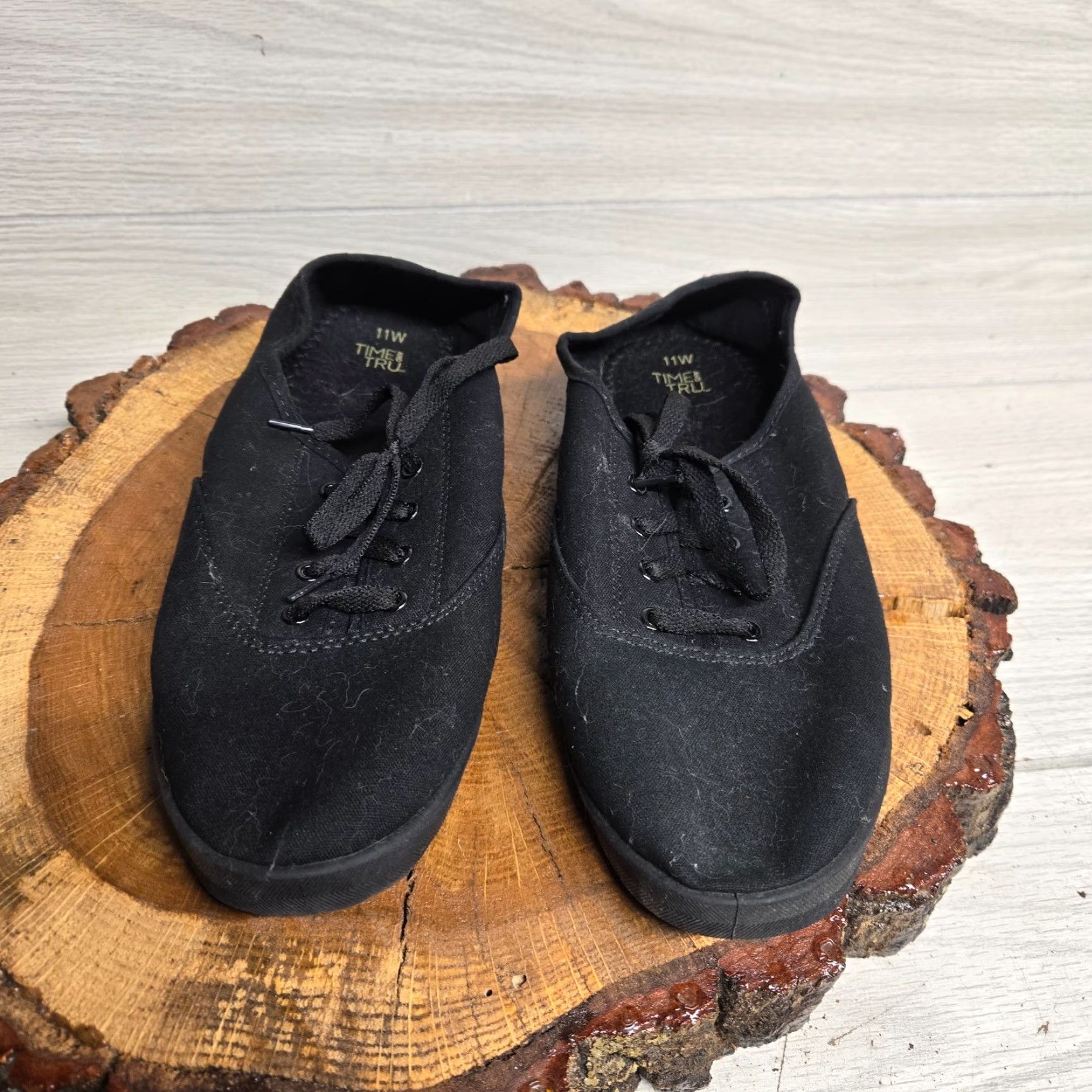 Vintage Time And Tru Black Loafer Scrunch Women Wide 11 US 43 EU 9 UK 9 Brand New Lace Up Studded Memory Foam Flat Square Toe Slip On Footwear Size US 11 / IT 41 - 3 Thumbnail
