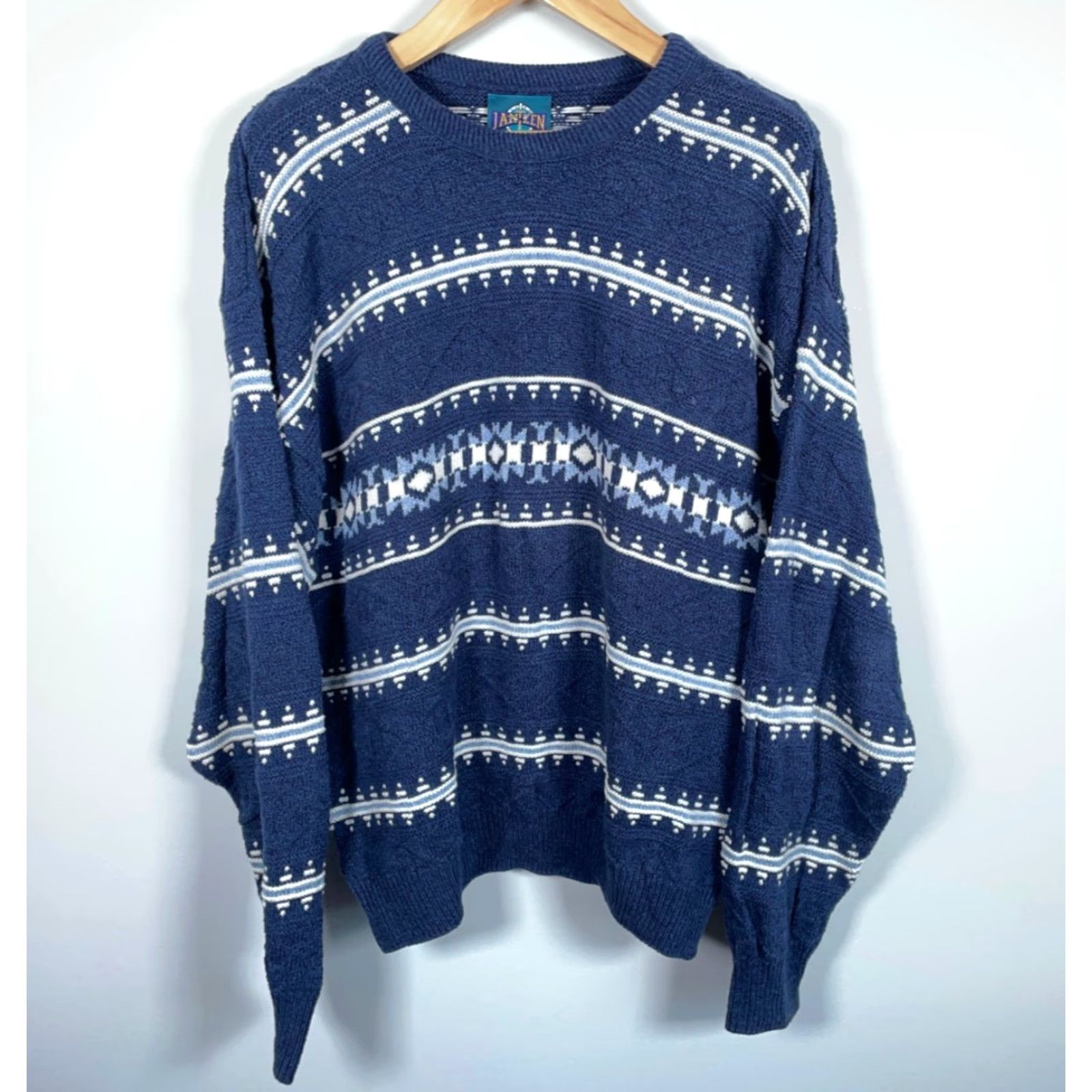 Jantzen VINTAGE Jantzen Sweater Men's XL Dark Blue Aztec Stripe Geometric Knit Crew Neck Pullover Heavyweight Cotton 90s Tribal Retro Casual Size US XL / EU 56 / 4 - 2 Thumbnail