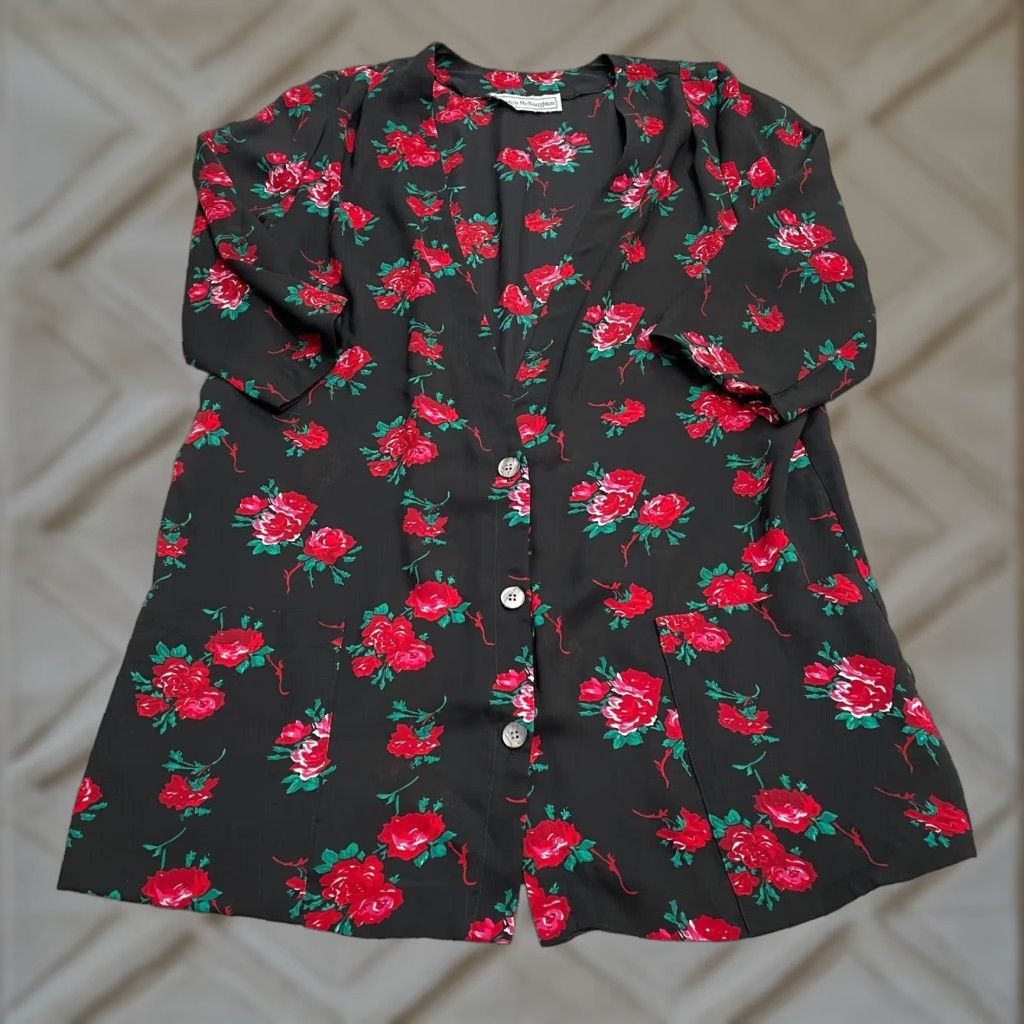 Vintage Norton McNaughton Tunic Button-Up Blouse Womens 16 Black Floral Half Sleeve Top Size XXL / US 16-18 / IT 52-54 - 1 Thumbnail