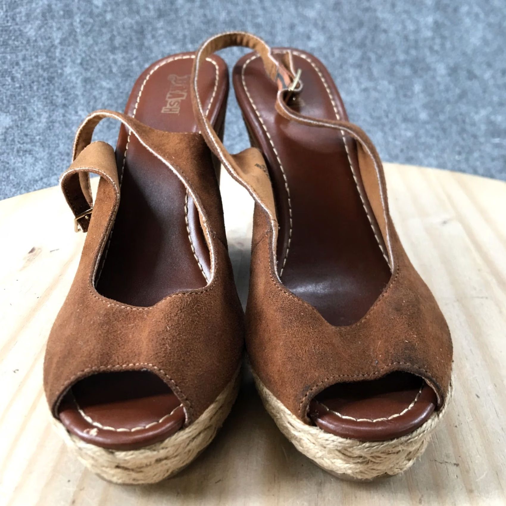 Vintage Brash Sandal Womens 11 Peep Toe Slingback Wedge Brown Fabric Buckle Size US 11 / IT 41 - 7 Thumbnail