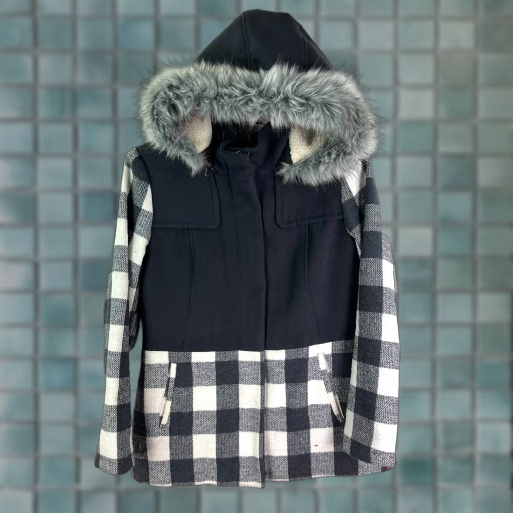 Vintage Celebrity Pink Jacket Women L Black/Gray Checkered Faux Fur Hood Detachable Hooded Softshell Mid-Length Zip Parka Regular Fit Size L / US 10 / IT 46 - 1 Thumbnail