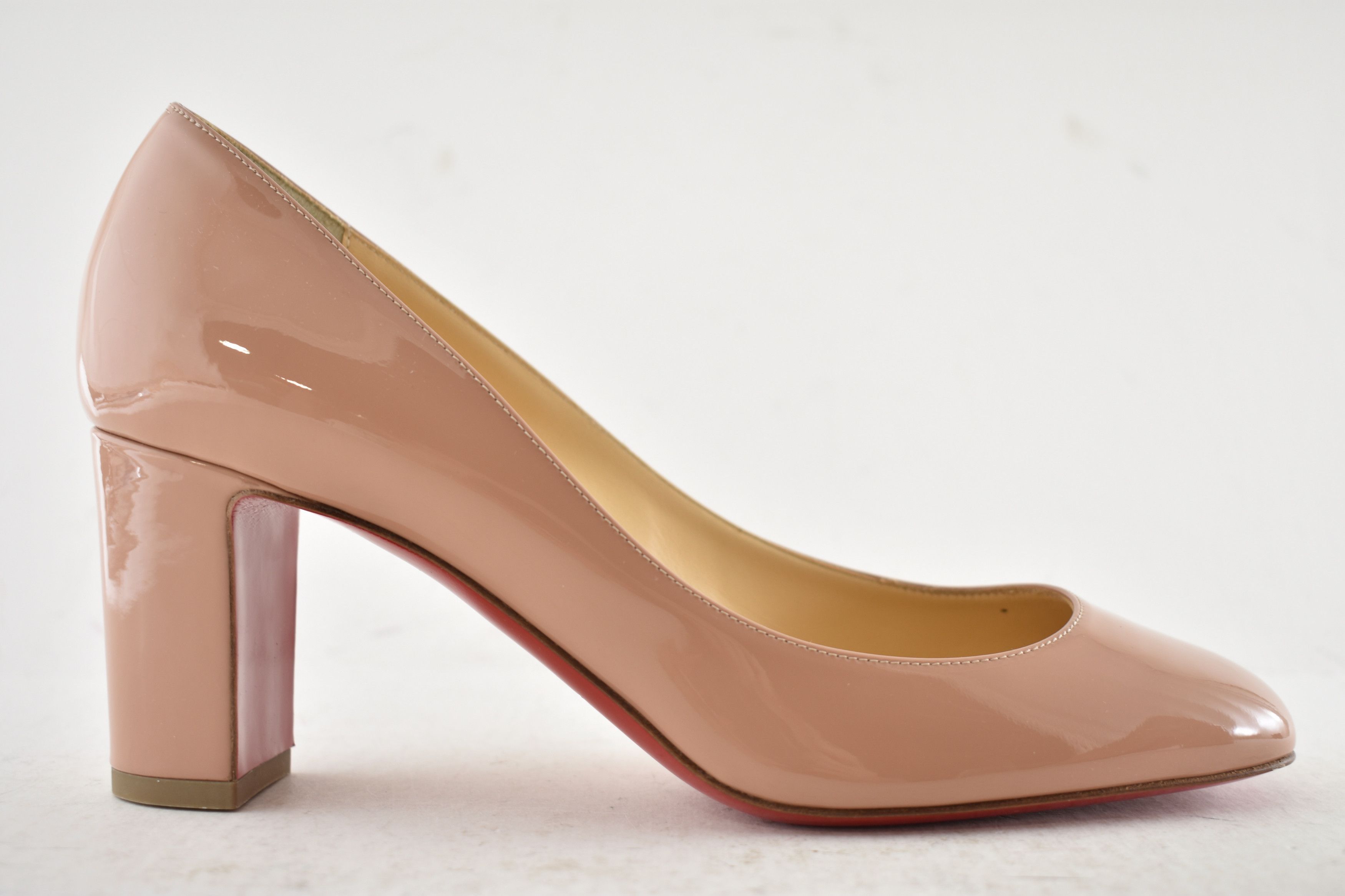 Christian Louboutin Cadrilla 70 Nude Blush Patent Leather Block Heel Pump 40 Size US 10 / IT 40 - 2 Thumbnail