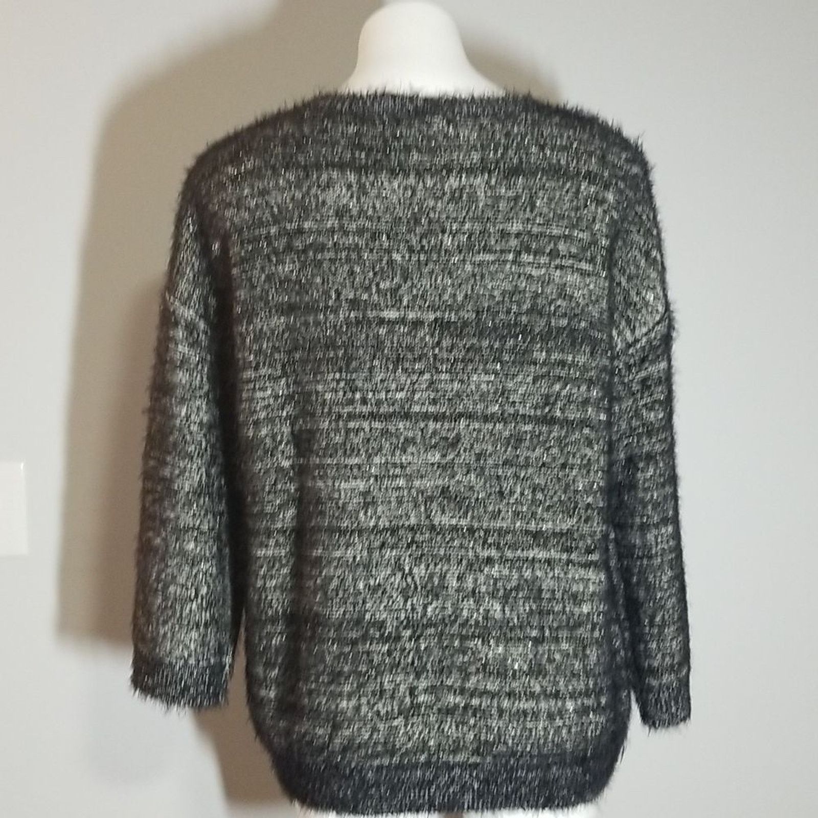 Other NWT Halogen Black Ivory Lurex Crewneck Fuzzy Sweater Size L / US 10 / IT 46 - 3 Thumbnail