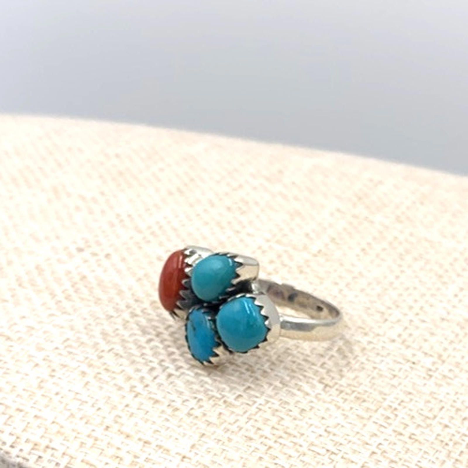 Other NOS Native American Sterling Silver Coral Turquoise Ring Size ONE SIZE - 7 Thumbnail