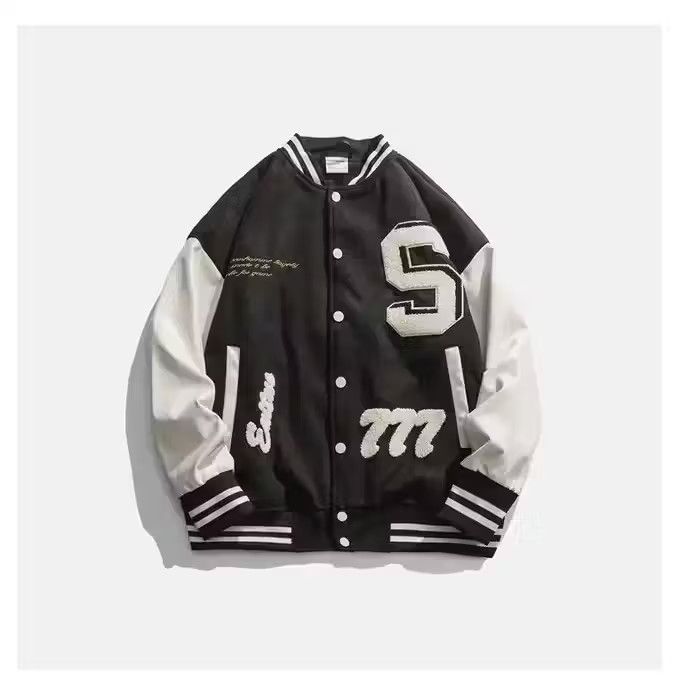 image of Vintage Embroidered Patchwork Varsity Jacket in Black, Men's (Size Medium)