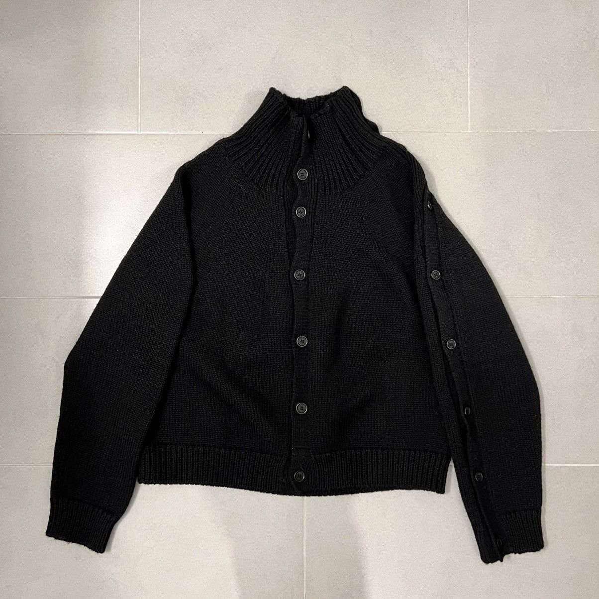 image of Yohji Yamamoto Boxy High Neck Cardigan Arm Button in Black, Men's (Size Medium)