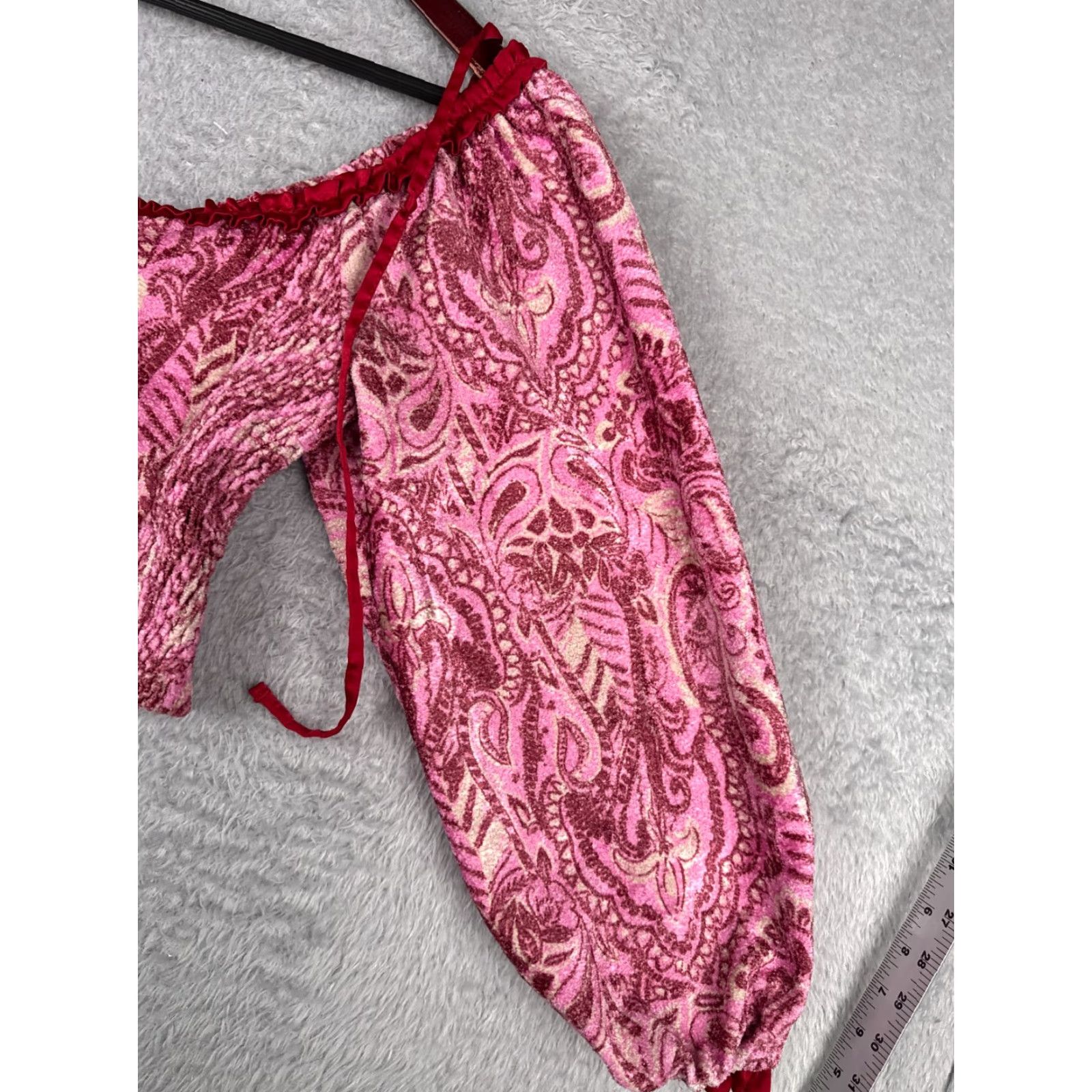Free People Free People Blouse Shirt Womens S Pink Velvet Cropped Balloon Sleeve Square Neck Paisley 70s Bohemian College Fairy Hippie Peasant Collarless Ladies Size S / US 4 / IT 40 - 5 Thumbnail