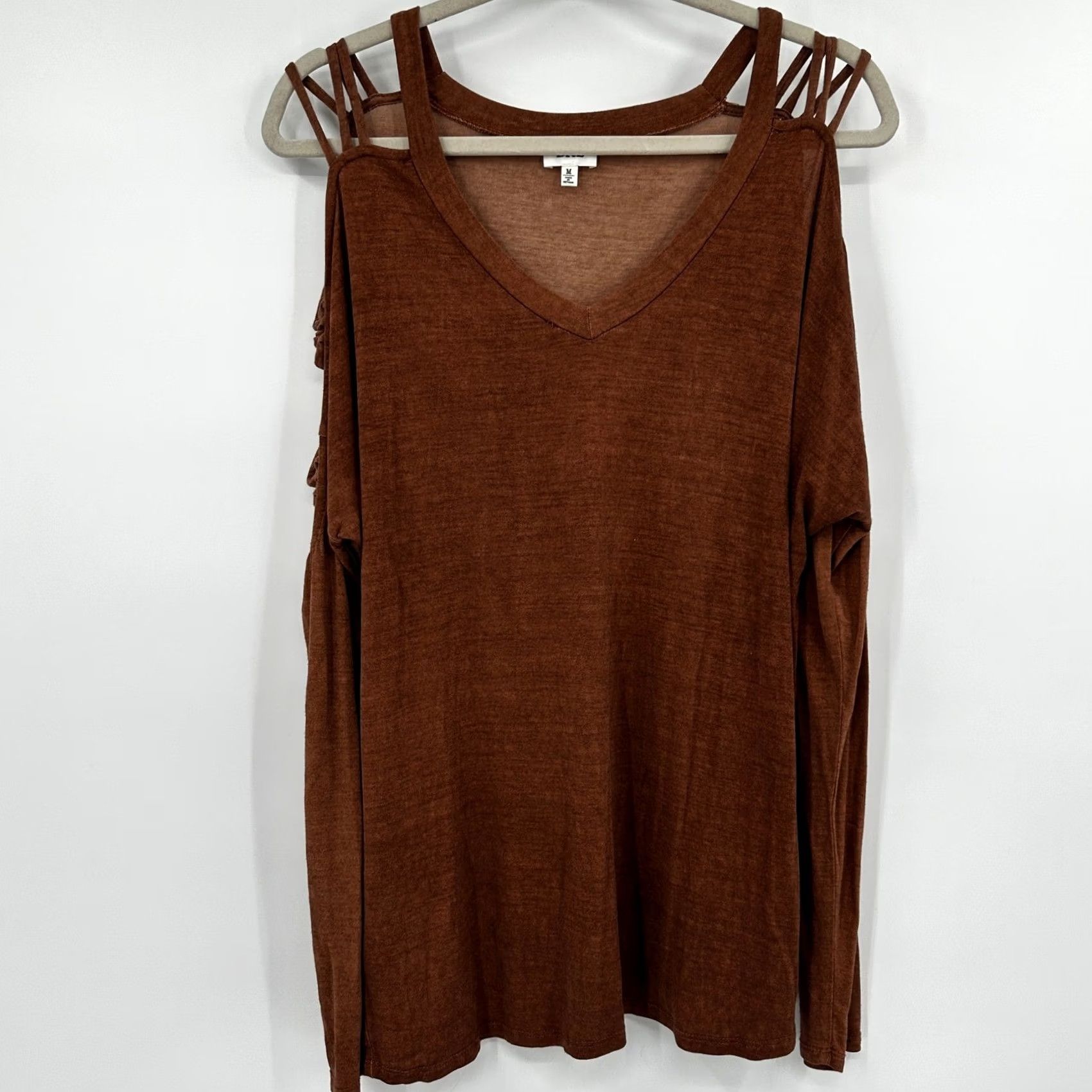 BKE BKE Top Womens Medium Rust Brown Long Sleeve Cold Shoulder Strappy Cage Hippie Size M / US 6-8 / IT 42-44 - 2 Thumbnail