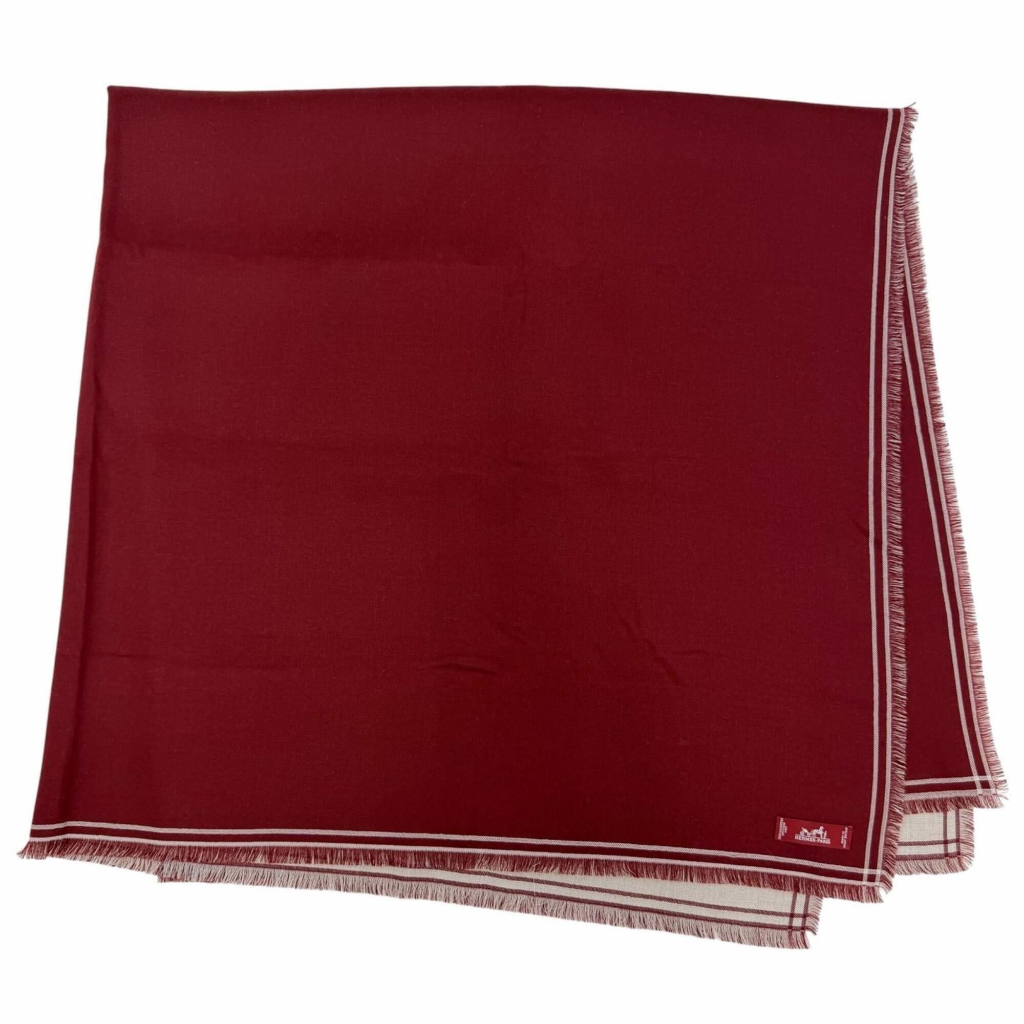 Hermes HERMES Carre Geant 100% Cashmere Fringe Large Shawl Scarf/Muffler Bordeaux Off-White Made in England Women's Size ONE SIZE - 1 Thumbnail