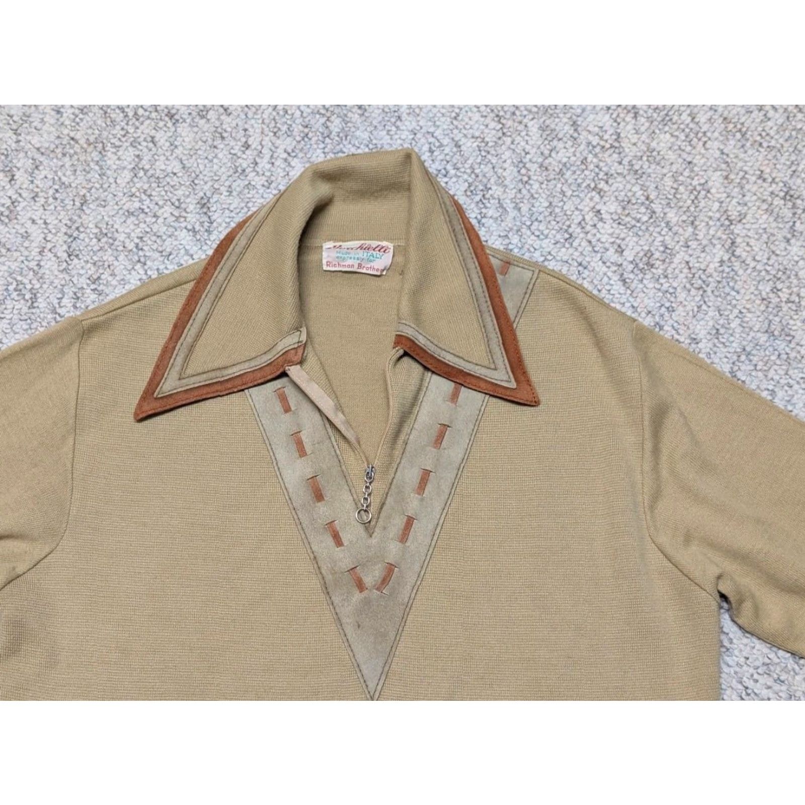 Vintage VINTAGE Richman Brothers Sweater ITALY Wool Tan M Leather Trim WIDE LAPEL Mens Pullover Long Sleeve Knit Neck Zip 1960s Size US M / EU 48-50 / 2 - 3 Thumbnail