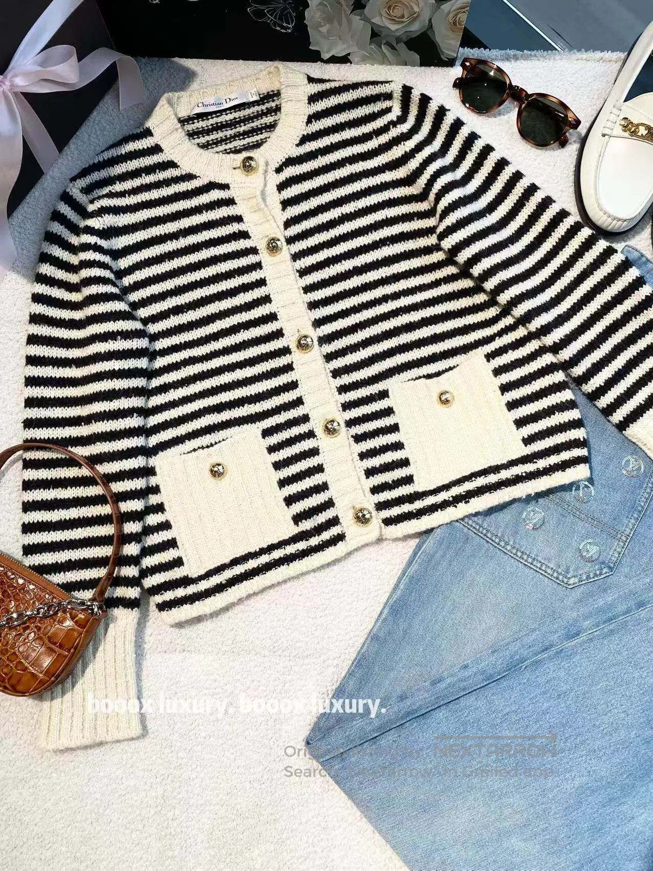 Dior Dior Black and white striped gold button knitted cardigan| Size XS / US 0-2 / IT 36-38 - 1 Thumbnail