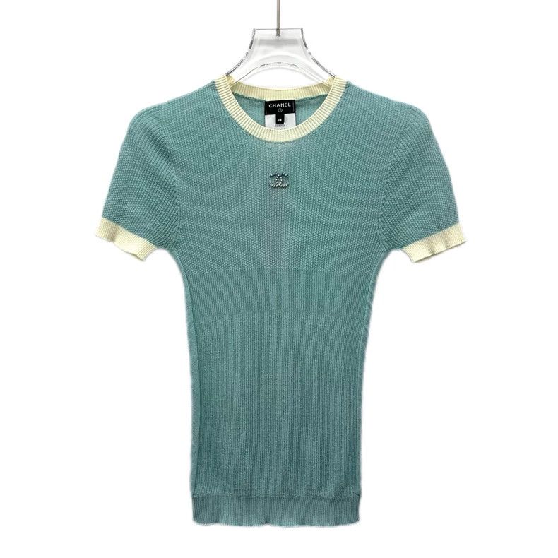 ChanelBlue logo diamond-inlaid cotton round-neck short-slee