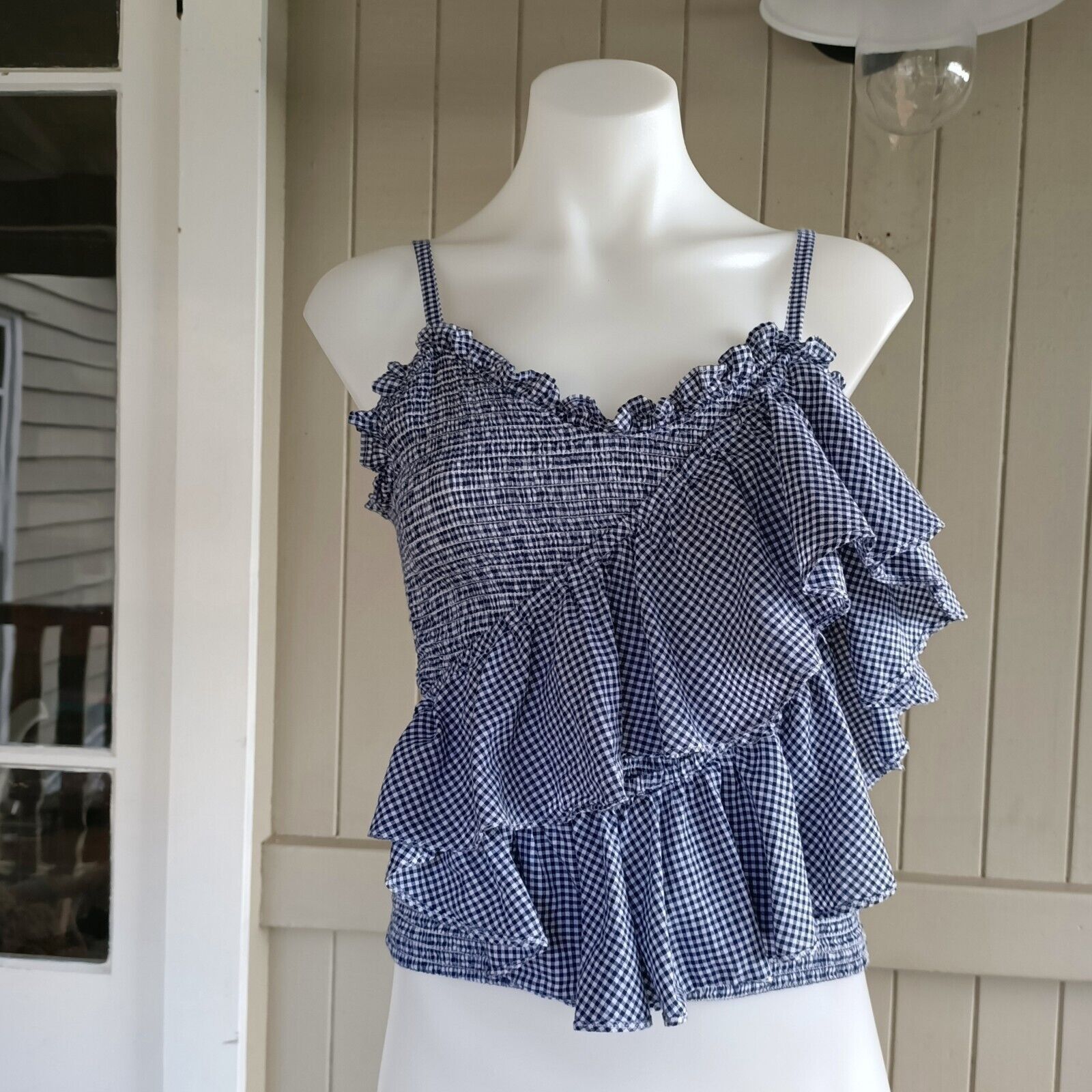 Designer Piper Cami Top Gingham Check Ruffle Cotton Tiered Shirred Size XS / US 0-2 / IT 36-38 - 1 Thumbnail