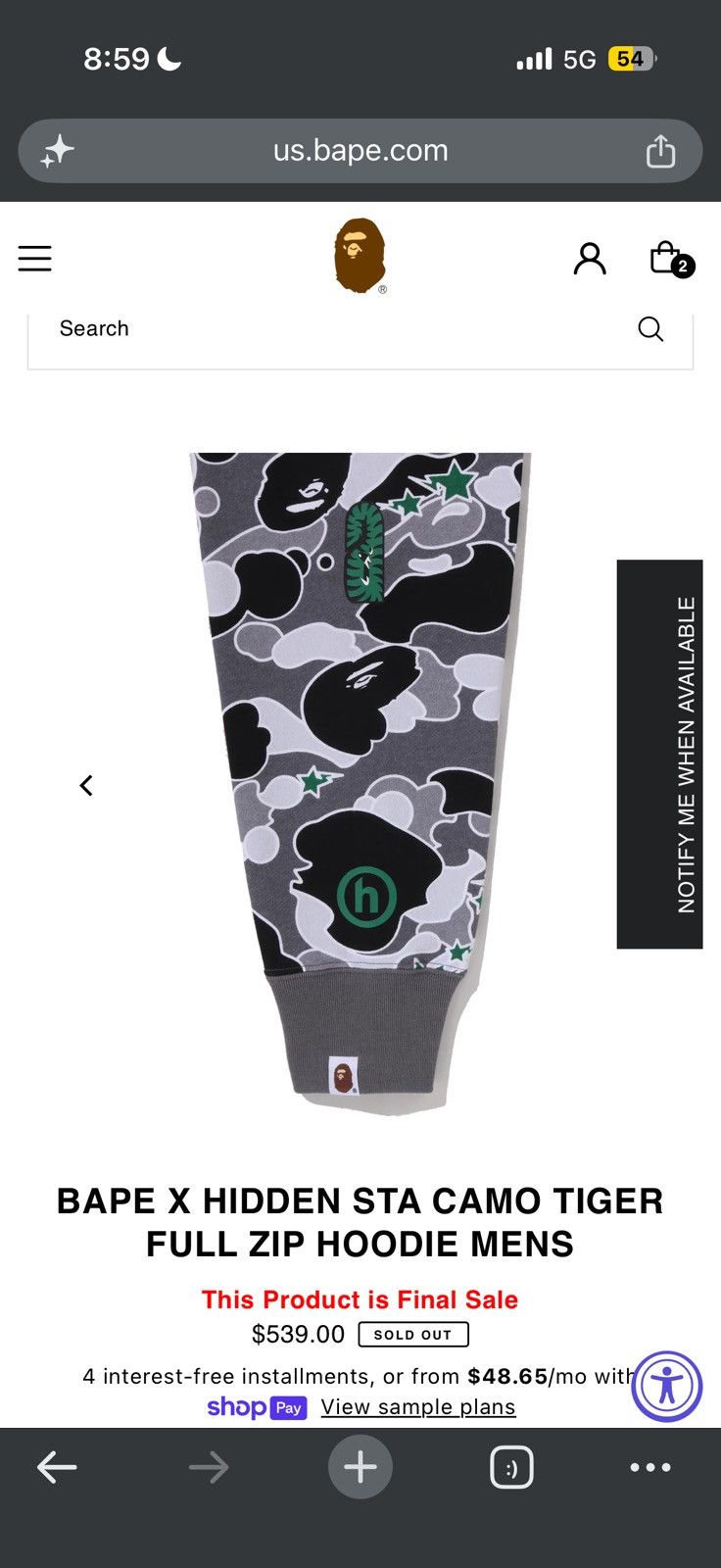 Bape BAPE X HIDDEN STA CAMO TIGER FULL ZIP HOODIE Size US XL / EU 56 / 4 - 20 Thumbnail