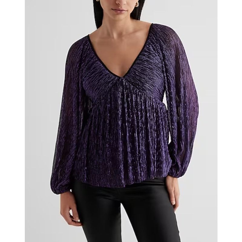Express Express Y2K Babydoll Top Deep V Purple Metallic Whimsigoth Size L / US 10 / IT 46 - 1 Thumbnail