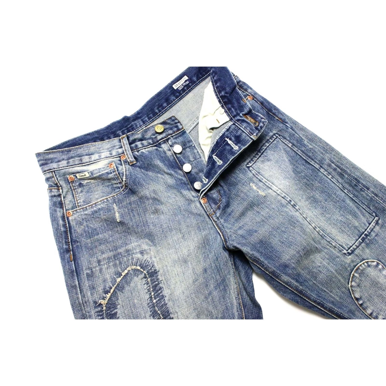 Emmett Emmett E D Gratton Patch 523 Jeans Men's W29/L32 Slim Distressed Whiskers Selvedge Blue Denim Casual Jeans Mens Size US 29 - 5 Thumbnail