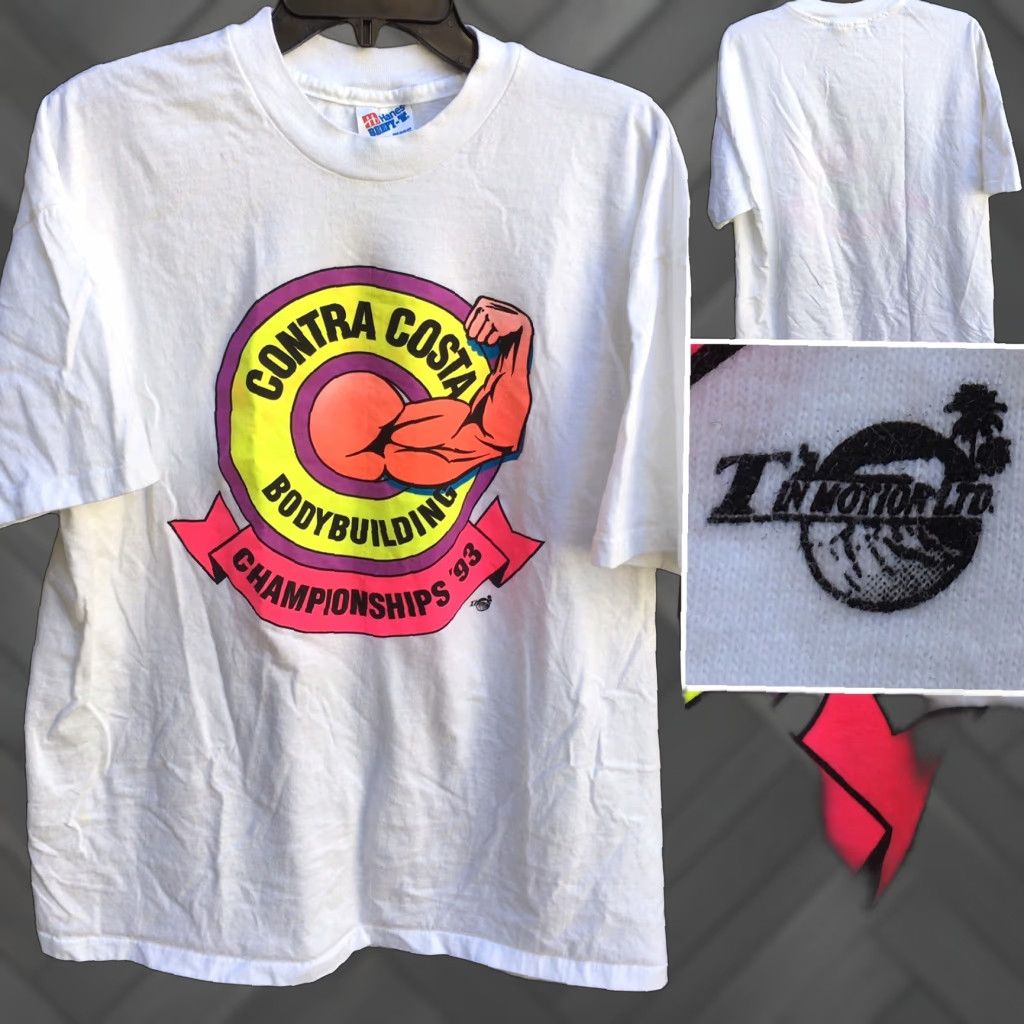 Vintage VINTAGE Hanes Beefy-T Contra Costa Bodybuilding Championships '93 T-Shirt 90s Neon Graphics XL White Mens Graphic Tee 1990s Size US XL / EU 56 / 4 - 1 Thumbnail