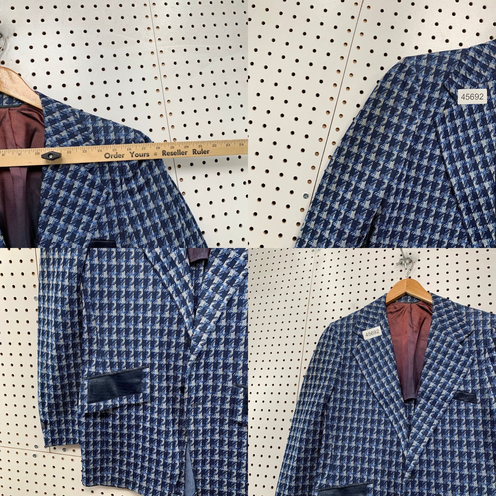 Vintage VINTAGE Blazer Men 36R Wool Linen Houndstooth Blue Two-Button Notch Lapel Made USA 60s 70s Corp 2 Piece Leather Trim Size 36R - 9 Thumbnail